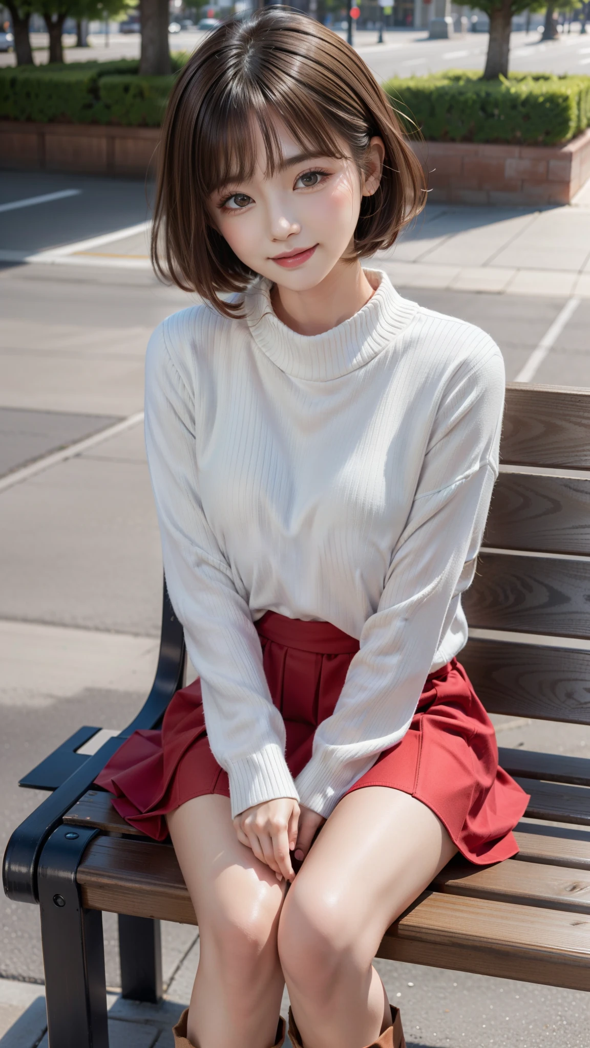 Photo taken by a professional photographer，laughter:1.5， wearing a sweater, short cut brown hair, young and cute girl, Wearing a flared skirt，Wear stylish boots，sit on a park bench:1.5，Flashy makeup with red eyeshadow，