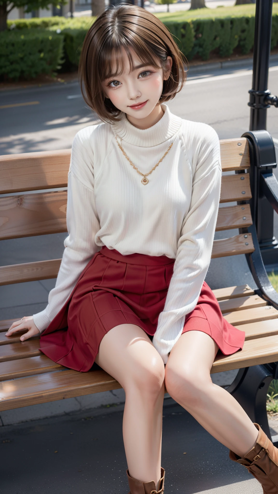Photo taken by a professional photographer，laughter:1.5， wearing a sweater, short cut brown hair, young and cute girl, Wearing a flared skirt，Wear stylish boots，sit on a park bench:1.5，Flashy makeup with red eyeshadow，