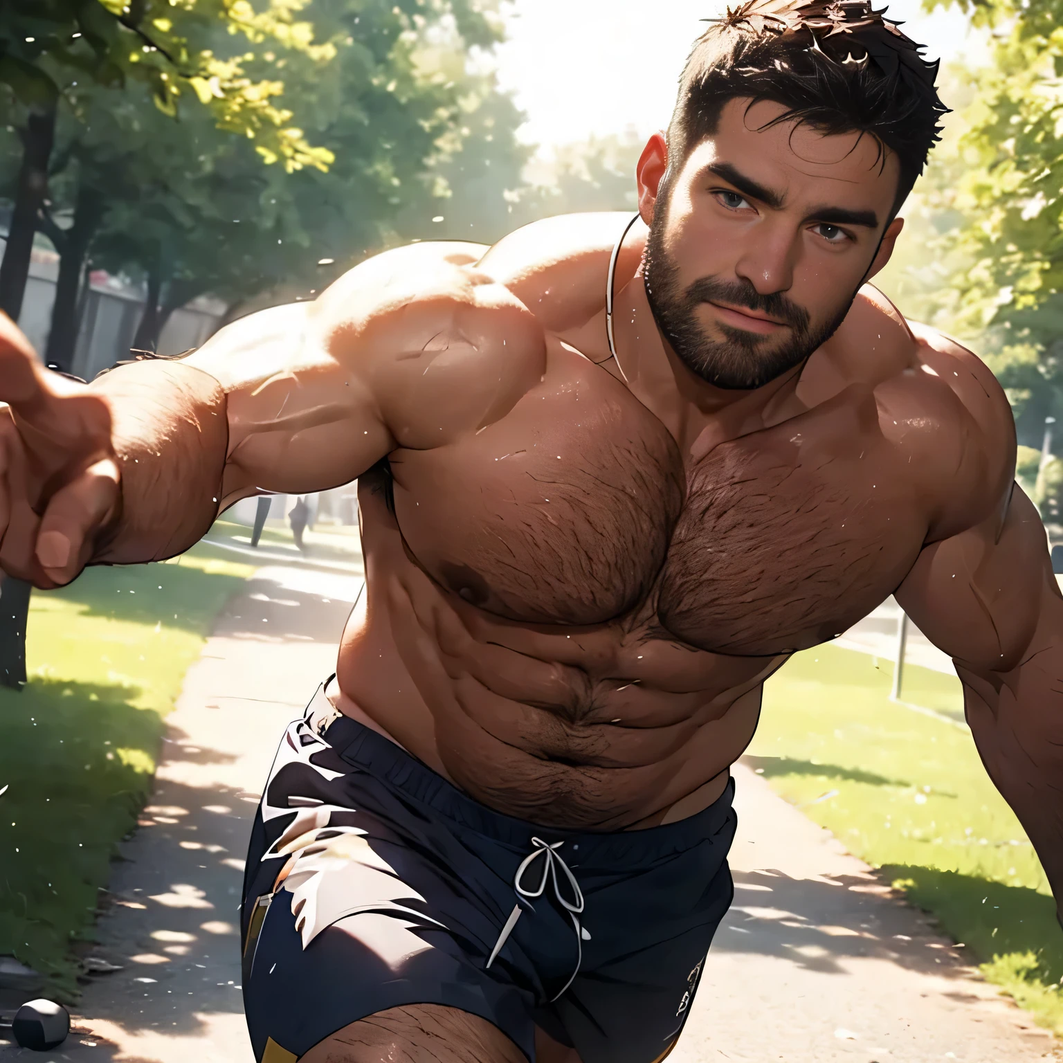 4K, HDR, best quality, specular lighting, photon mapping, physically-based rendering,(looking away:1.2), full body shot, side view,
(45 years old), brown hair, facial hair, chubby daddy, big belly, navel hair, extremely handsome, deep blue eyes , Round face, (perfect body proportions : 1.2)
topless, running in the park, sweaty,little smile,
