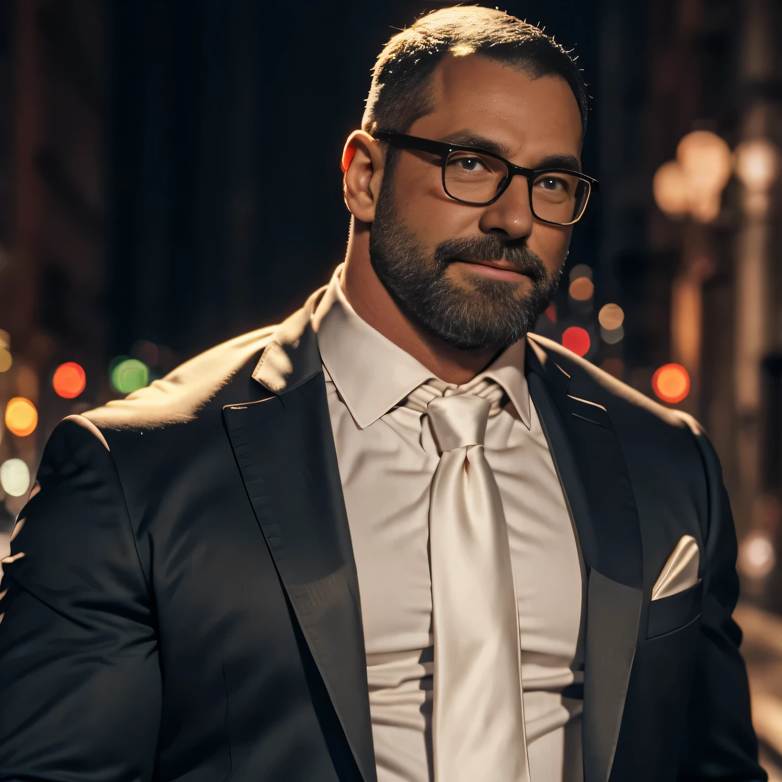 An award-winning original photo，A wild muscular man, (40 years old daddy:1.1), 1boy, Solo, (black suit), (white dress shirt), (red necktie), (big shoulderusculature, stubbles, Short beard, Beautiful eyes:1.3), (Detailed face:1.3), wearing glasses, smiles, Dynamic Angle, volumetric lighting, (Best quality, A high resolution, Photorealistic), Cinematic lighting, Masterpiece, RAW photo, Intricate details, hdr, depth of field,extreme close up, 