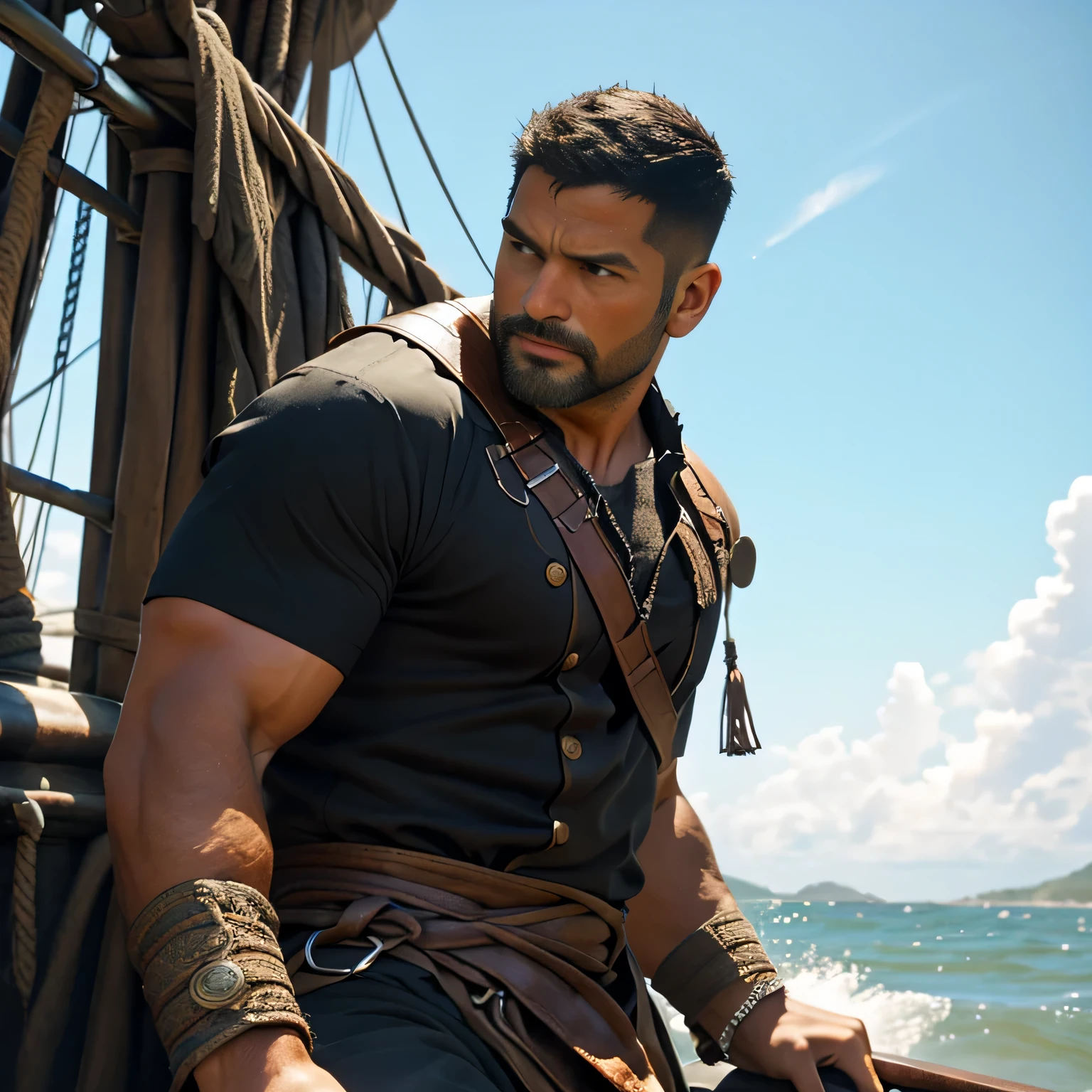 4K, HDR, best quality, specular lighting, photon mapping, physically-based rendering, (looking away:1.2), knee shot,
(41 years old), black crew cut hair, short beard, chubby daddy, extremely handsome, deep brown eyes , Round face,
pirate captain, on boarding a battle ship, (top unbuttened : 1.2), steering the rudder