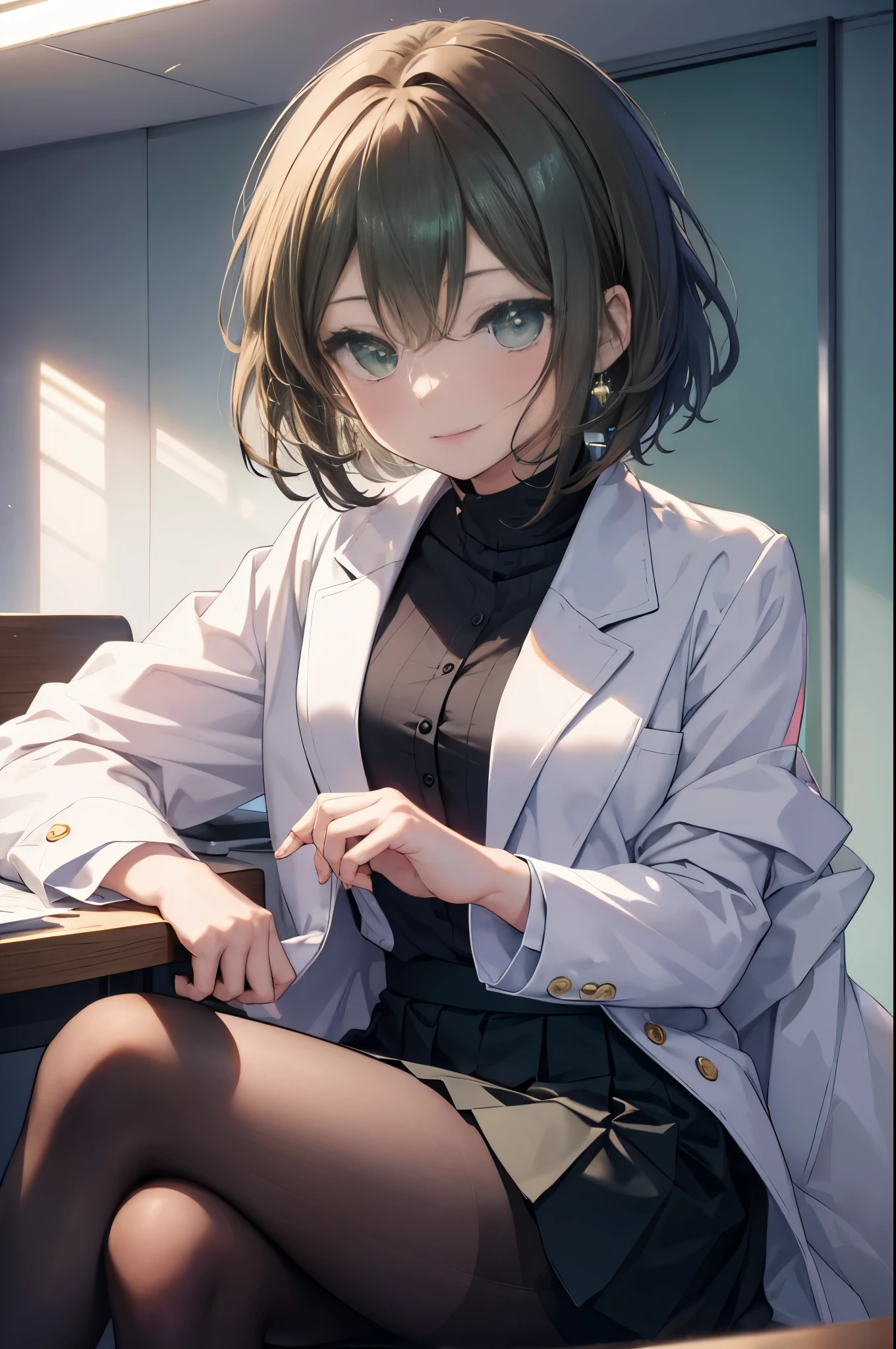 seven days, Aoi hinami, short hair, bangs, brown hair, (green eyes:1.5), smile,(Photorealistic beautiful doctor sitting on chair with legs crossed)、amazingly beautiful、((doctor&#39;s white coat)), collared shirt、doctor style)), ,(( silk blouse、black tight skirt、 black pantyhose)),hospital, 
break indoors, Examination room,
break looking at viewer,
break (masterpiece:1.2), highest quality, High resolution, unity 8k wallpaper, (figure:0.8), (detailed and beautiful eyes:1.6), highly detailed face, perfect lighting, Very detailed CG, (perfect hands, perfect anatomy),