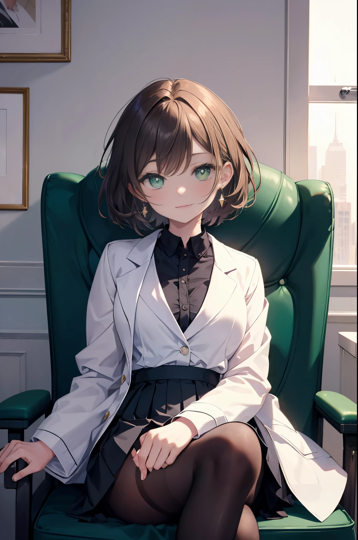 seven days, Aoi hinami, short hair, bangs, brown hair, (green eyes:1.5), smile,(Photorealistic beautiful doctor sitting on chair with legs crossed)、amazingly beautiful、((doctor&#39;s white coat)), collared shirt、doctor style)), ,(( silk blouse、black tight skirt、 black pantyhose)),hospital, 
break indoors, Examination room,
break looking at viewer,
break (masterpiece:1.2), highest quality, High resolution, unity 8k wallpaper, (figure:0.8), (detailed and beautiful eyes:1.6), highly detailed face, perfect lighting, Very detailed CG, (perfect hands, perfect anatomy),