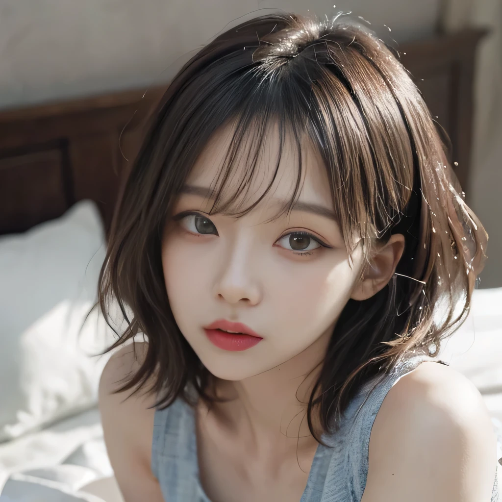 best image quality、RAW photo、超A high resolution、close up of face、13 year old cute girl、Shooting for one person only、small breasts、beautiful clavicle、Tank top、gentle eyes、Beautiful eyes in every detail、very long term、beautiful eyelashes、beautiful double eyelids、thick and dark eyebrows、sleeping on my back in a big bed、random colored hair、Curly Short Bob、black and thick eyebrows、plump cheeks