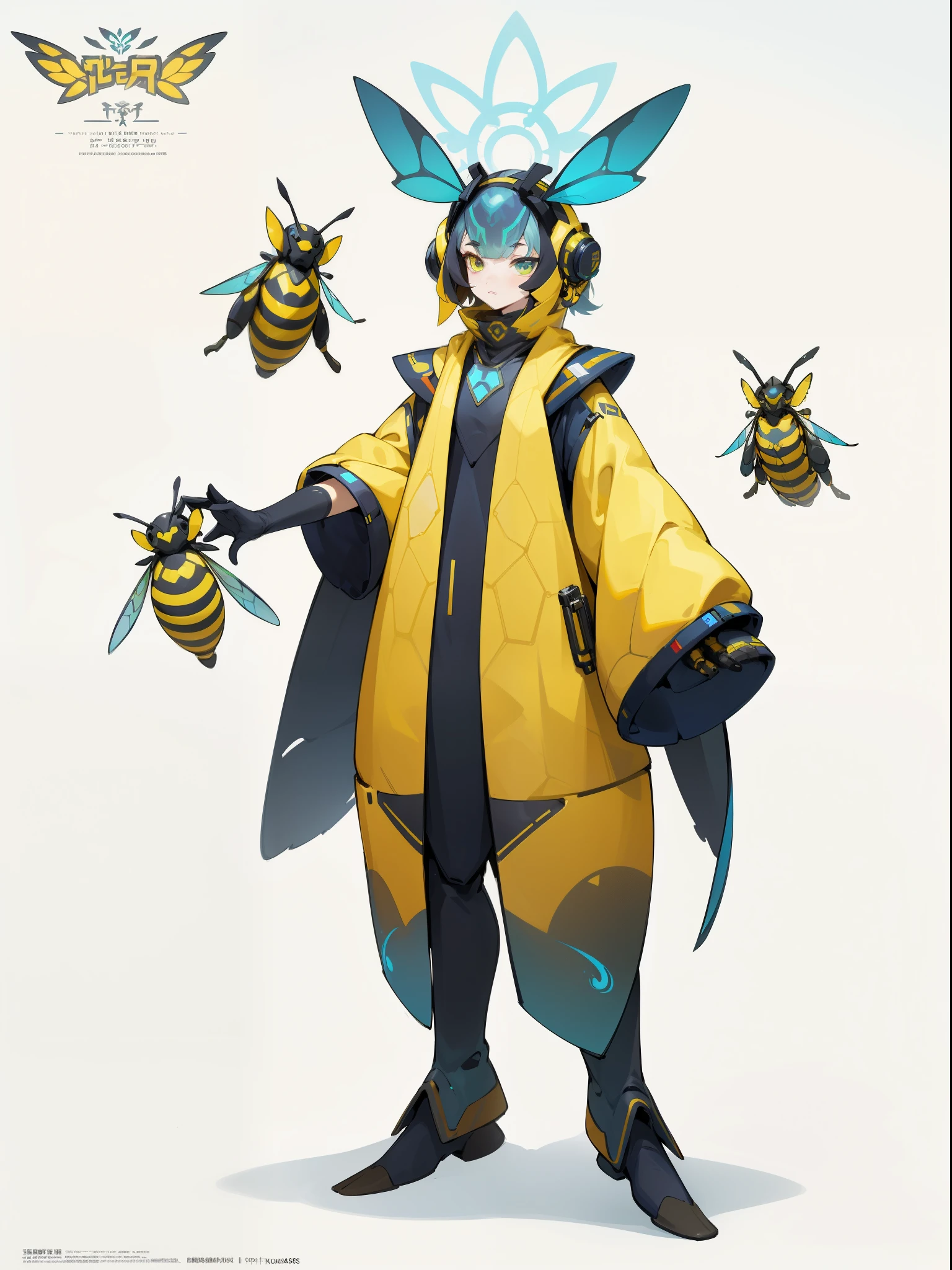 1 Anthropomorphism of bees, full body standing painting,alone, (masterpiece,top quality,best quality), ((Anthropomorphism of bees)), solo, holding a black and yellow stick, (The main colors are yellow and black), human structure bee concept art, Character Design Contest Winner, cyberpunk bee, Great character design, Robot Wasp, Fantasy beekeeper, ((cyberpunk style,Robotic arm,Holographic Halo,Surreal science fiction art,Future science fiction aesthetics)), 生物朋克Robot Wasp, Interesting character design, Insect trainer girl, No type, Kushat Kenzi, 赛博朋克Robot Wasp, whole body concept, High quality character design, The Art of Character Design, ((very simple background))、(Game character design), White background(((flat color)))
