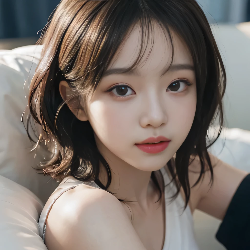 best image quality、RAW photo、超A high resolution、close up of face、13 year old cute girl、Shooting for one person only、small breasts、beautiful clavicle、Tank top、gentle eyes、Beautiful eyes in every detail、very long term、beautiful eyelashes、beautiful double eyelids、thick and dark eyebrows、sleeping on my back in a big bed、random colored hair、Curly Short Bob、black and thick eyebrows、plump cheeks、smile
