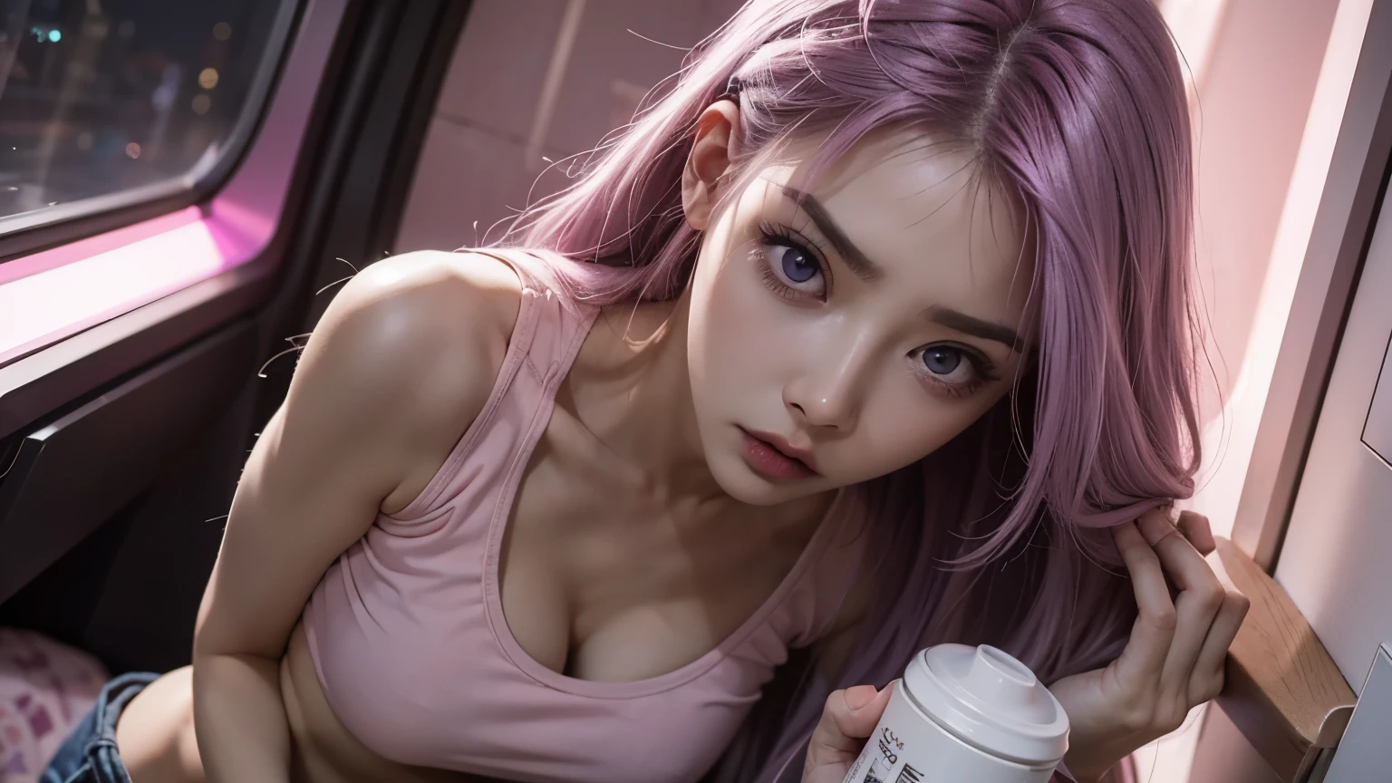 A mad mommy with long light pink soft purple hair, perfect big booba , good quality, detailed beauty face, wearing crop top, in the night room, angry face