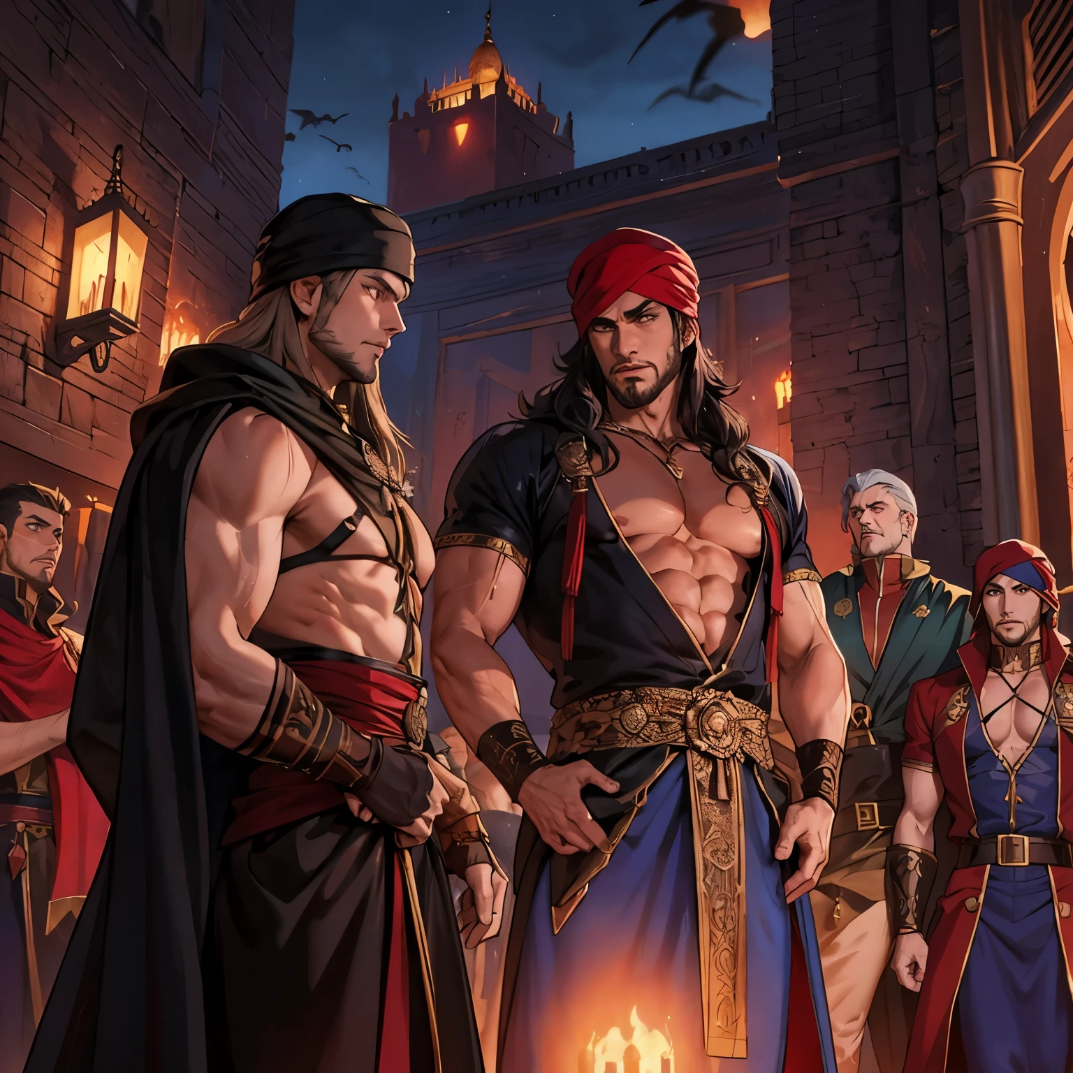 Castlevania islamic moroccan lord of shadows hyperrealistic super detailed dynamic shot central scene of arabic morocco red turban hokuto no ken kenshiro Lord Dracula leading demon army troops into battle sharp details hokuto no ken kenshiro muscular and handsome warrior style
