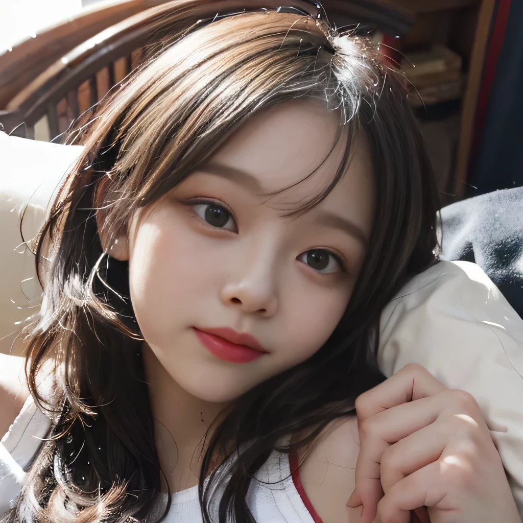 best image quality、RAW photo、超A high resolution、close up of face、13 year old cute girl、Shooting for one person only、small breasts、beautiful clavicle、Tank top、gentle eyes、Beautiful eyes in every detail、very long term、beautiful eyelashes、beautiful double eyelids、thick and dark eyebrows、sleeping on my back in a big bed、random colored hair、Curly Short Bob、dark, thick, thick eyebrows、plump cheeks、smile、lightweight、Tourism Eyebrows、droopy eyes