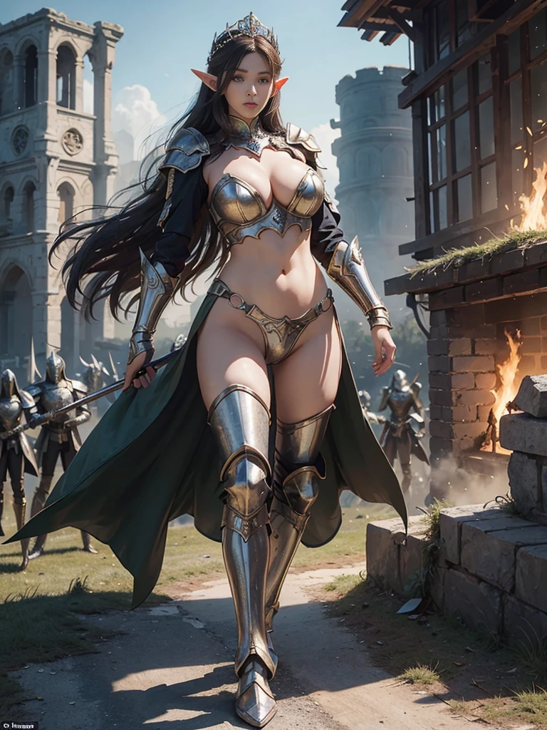 masterpiece，high resolution，two mature women，elf queen，huge cleavage，slim abdominal muscles，Delicate eyes and delicate face，tall and sexy，very long hair，Two women wearing armor，Armored boots，Showy Iron Boots、Armor in rich colors、Armor with exquisite details、Deco， lure：（High：1.4），arrogant，Mature temperament，（huge butt：1.4），（slender legs：1.5），majesty，Rich scene details，The background is the ruins of the battlefield，There is fire in the background