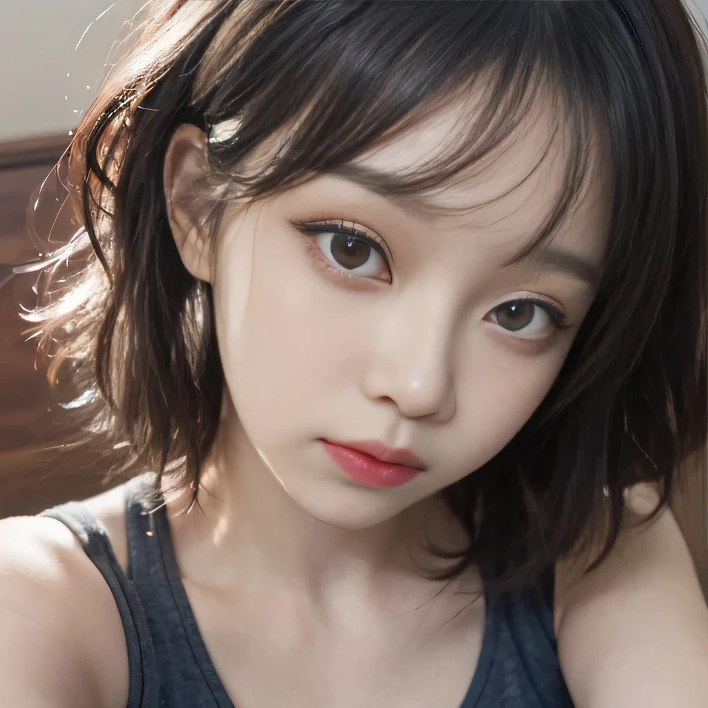 Top image quality、Raw photography、超A high resolution、Close-up of the face、Cute girl at 18 years old、Shooting for one person only、big round chest、Black camisole、Beautiful Eyes of Details、very elongated eyes、Beautiful eyelashes、Beautiful double eyelids、Lying face down on a large bed、White Wall Room、White ceiling、shorth hair、a short bob