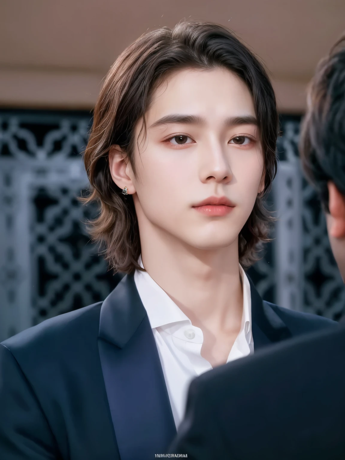 un primer plano de una persona con traje mirando a otra persona, elegante prince, beautiful androgynous prince, young pale angel, delicate androgynous prince, Jung Jaehyun, cai xukun, kim taejin, hsiao-ron, xqc, elegante man, kim doyoung, elegante, SFW, hyung tae, elegante face, elegante chad chin