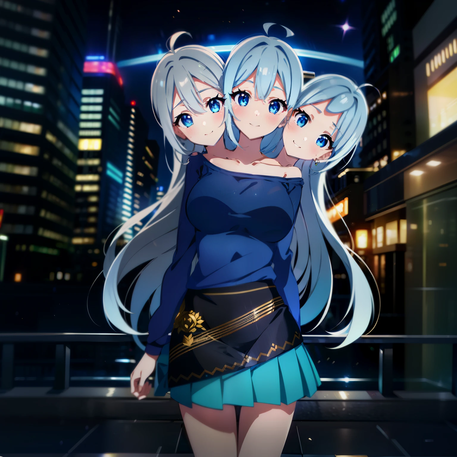 (masterpiece),(ultra-detailed), (high quality), (high resolution), (best quality:1.5, highres, UHD), highres, absurdo, ultra detail, ultra quality, Ultra resolution, 16k, ((2heads:1.5)), 1girl, anime girl with two heads, silver gray hair, ((blue t shirt)), casual wear, smiling, teenage girl, vibrant lighting, blue skirt, glowing blue eyes, jacket, city skyline