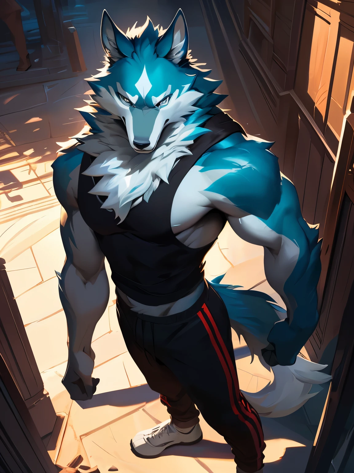 4k, ,8K, A high resolution, best quality, perfect colors, perfect shadows, perfect lighting, posted on e621, (by Chunie, by canyne khai, by t.y.starale), male, furry, Wolf anthro, shirou_ogami, solo, eyes, (Realistic eye details 1.2), beach, wearing tank top, wearing jogger sweatpants, Full body like, Slim body, abs, dramatic lighting, soft lighting, day, highly detail, Hair coiled, delight, Standing up position, cool pose charm, Abstract beauty, centre, Looking at the camera, Facing the camera, nearing perfection, Dynamic, highly detailed, illustration, (Realistic background), ((Bonifasko lighting)), (Detailed eyes), perfect pupils, detail eyes, detail fluffy fur, (seductive face:1.2), fit body, Looking at the camera,, fit body, perfect male figure, Detailed fur, Detailed face, Perfect face, Detailed background, (Complex), (Super Detail), (Ultra Clear), (Best Quality)