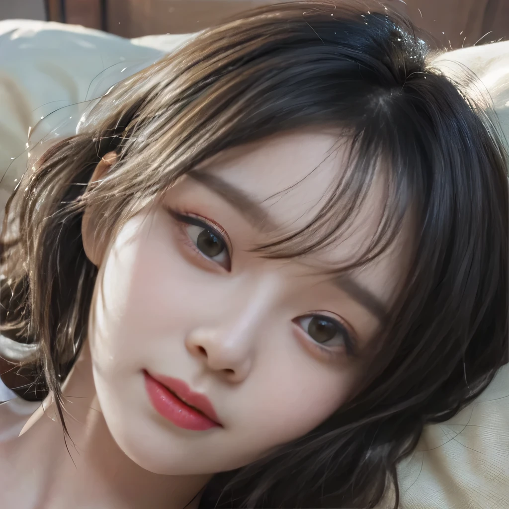 best image quality、RAW photo、超A high resolution、close up of face、8 year old pretty girl、Shooting for one person only、small breasts、beautiful clavicle、Tank top、gentle eyes、Beautiful eyes in every detail、very long term、beautiful eyelashes、beautiful double eyelids、thick and dark eyebrows、sleeping on my back in a big bed、random colored hair、Curly Short Bob、dark, thick, thick eyebrows、plump cheeks、smile、lightweight、Tourism Eyebrows、droopy eyes、amazing curly hair、small lips、no makeup、Quiet Girl、black eye