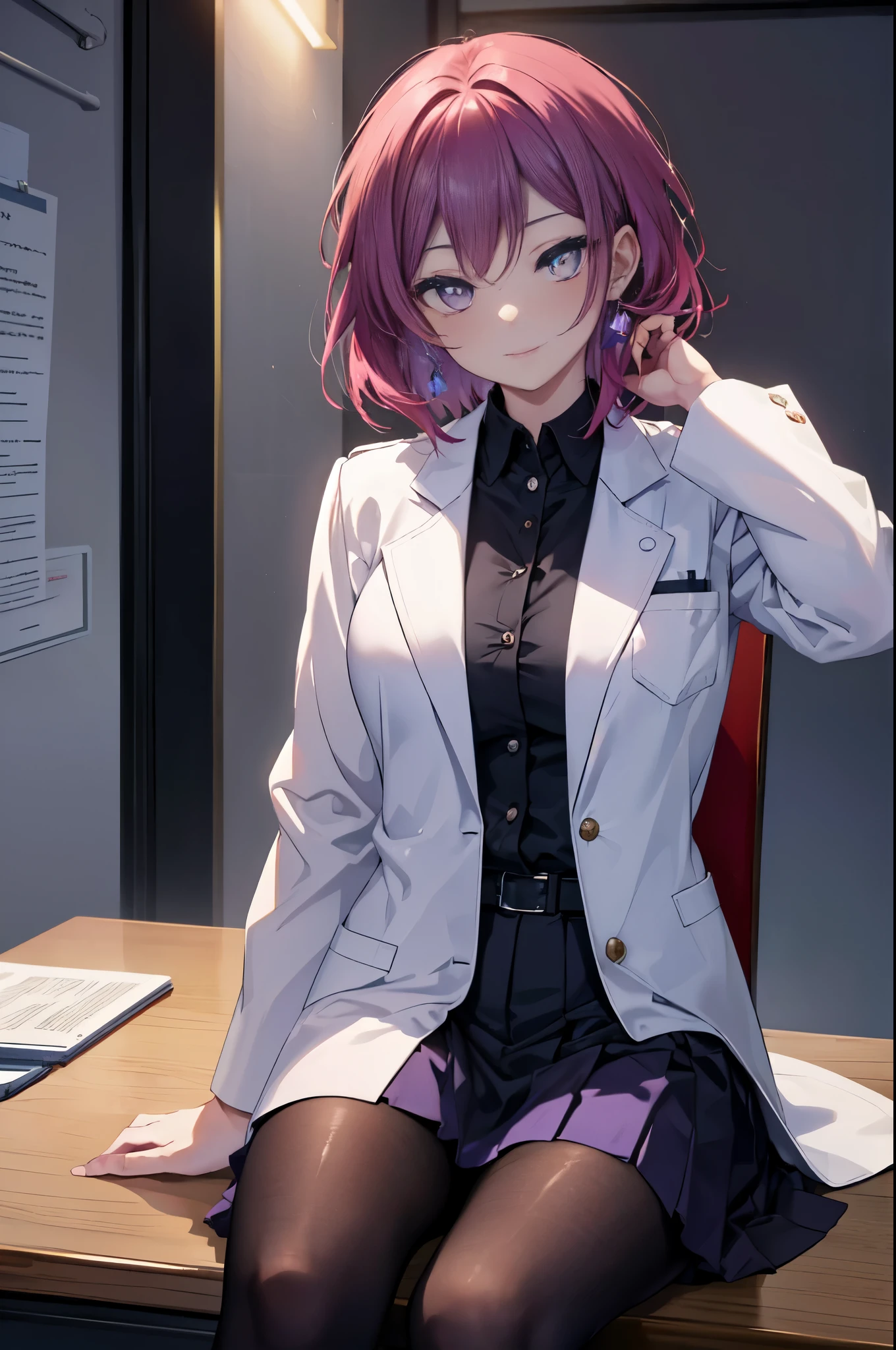 Maki Nishikino, maki nishikino, short hair, bangs, Red hair, (purple eyes:1.5), smile,(Photorealistic beautiful doctor sitting on chair with legs crossed)、amazingly beautiful、((doctor&#39;s white coat)), collared shirt、doctor style)), ,(( silk blouse、black tight skirt、 black pantyhose)),hospital, 
break indoors, Examination room,
break looking at viewer,
break (masterpiece:1.2), highest quality, High resolution, unity 8k wallpaper, (figure:0.8), (detailed and beautiful eyes:1.6), highly detailed face, perfect lighting, Very detailed CG, (perfect hands, perfect anatomy),