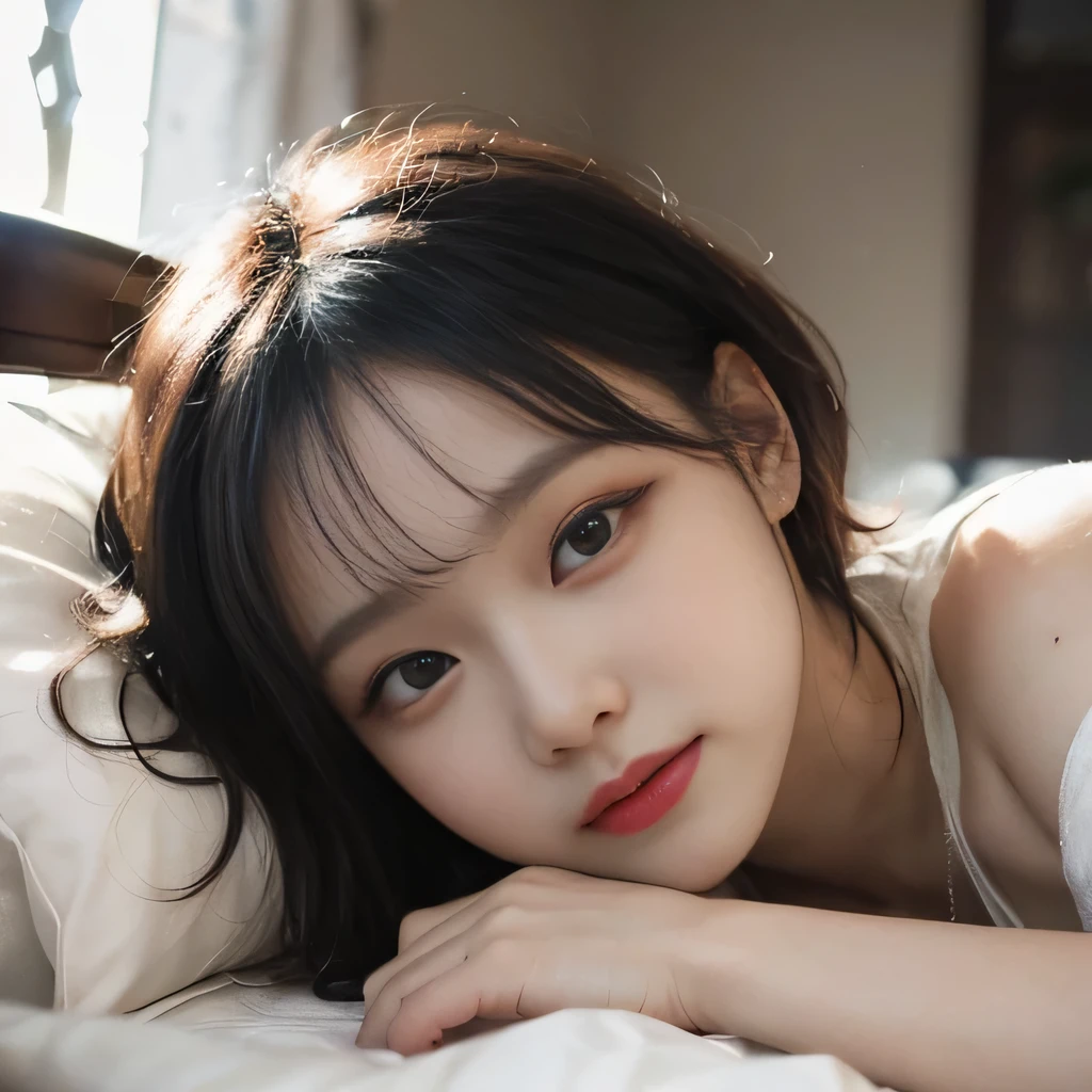best image quality、RAW photo、超A high resolution、close up of face、8 year old pretty girl、Shooting for one person only、small breasts、beautiful clavicle、Tank top、gentle eyes、Beautiful eyes in every detail、very long term、beautiful eyelashes、beautiful double eyelids、thick and dark eyebrows、sleeping on my back in a big bed、random colored hair、Curly Short Bob、dark, thick, thick eyebrows、plump cheeks、smile、lightweight、Tourism Eyebrows、droopy eyes、amazing curly hair、small lips、no makeup、Quiet Girl、black eye、sleep