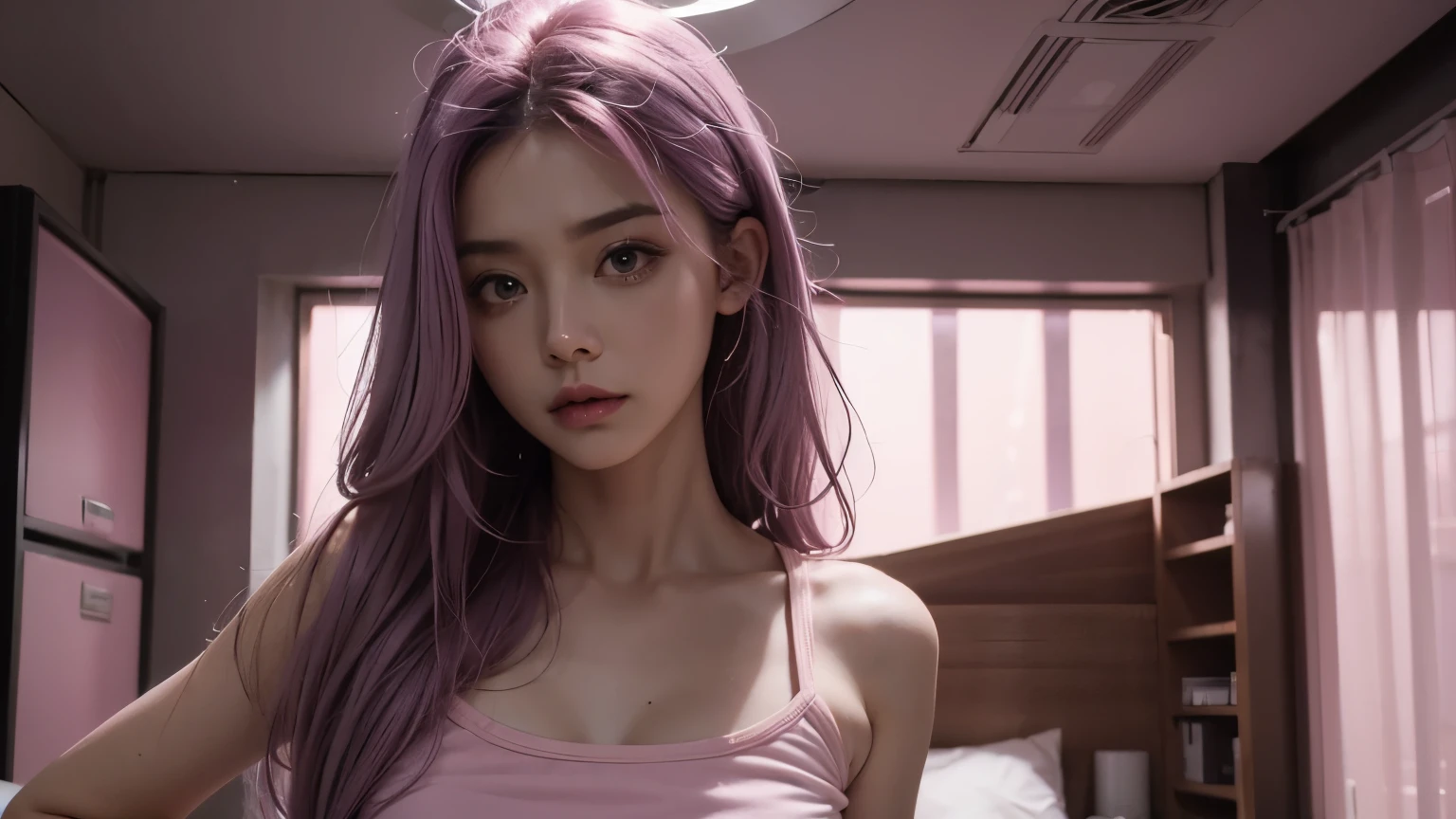 A mad mommy with long light pink soft purple hair, perfect big booba , good quality, detailed beauty face, wearing crop top, in the night room, angry face