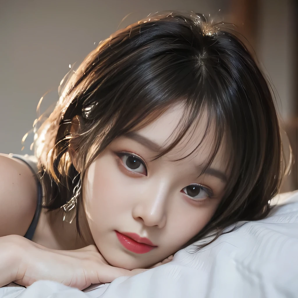 best image quality、RAW photo、超A high resolution、close up of face、8 year old pretty girl、Shooting for one person only、small breasts、beautiful clavicle、Tank top、gentle eyes、Beautiful eyes in every detail、very long term、beautiful eyelashes、beautiful double eyelids、thick and dark eyebrows、sleeping on my back in a big bed、random colored hair、Curly Short Bob、dark, thick, thick eyebrows、plump cheeks、smile、lightweight、Tourism Eyebrows、droopy eyes、amazing curly hair、small lips、no makeup、Quiet Girl、black eye、natural perm