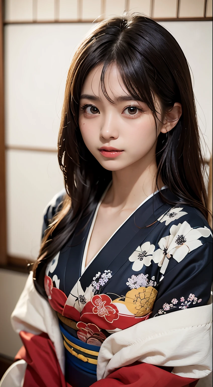 (table top, highest quality:1.4), beautiful face, 8k, 85mm, absurd, (japanese kimono:1.4), Upper body, cleavage of the breast、towards the camera、 violaces, gardenia, delicate girl, alone, night, looking at the viewer, Upper body, film grain, chromatic aberration, sharp focus, face light, professional lighting, Sophisticated, (smile:0.4), cleavage, (simple background, background bokeh:1.2), details face