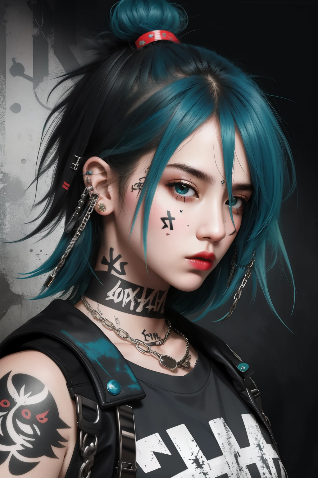 A woman with blue hair and tattoos on her face - SeaArt AI