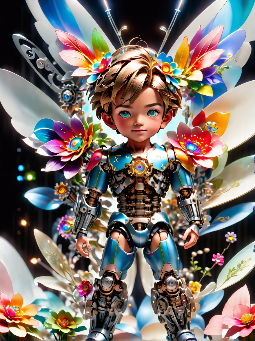  (three-dimensional，Mechanical feel，cute，boy，Mechanical doll, Pinocchio: 1.3), Colorful neon lights, High-tech mechanical parts, Metal body, Detailed vibranium flower design, bright colors, Dynamic glowing flowers, Reflective metal surface, bright environment, dynamic poses, Exquisite presence, skill improved, interlocking mechanical gears, Stylish design, motion blur effect, Detailed metal processing, Sci-fi atmosphere, Streamlined aerodynamic shape, Laser scanning pattern, Holographic projection, LED light track, beautiful and unforgettable, Advanced sensors, complex algorithm, Ominous and mysterious atmosphere, electric spark, Shiny chrome plating, Propulsion systems of the future, BJ_Gundam, (best quality, 8k, high resolution, masterpiece: 1.2), Super detailed, (whole body:1.8)