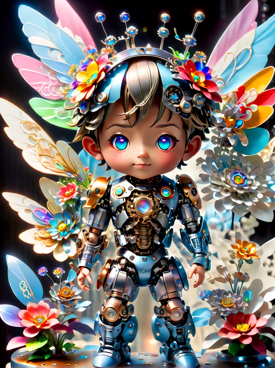  (three-dimensional，Mechanical feel，cute，boy，Mechanical doll, Pinocchio: 1.3), Colorful neon lights, High-tech mechanical parts, Metal body, Detailed vibranium flower design, bright colors, Dynamic glowing flowers, Reflective metal surface, bright environment, dynamic poses, Exquisite presence, skill improved, interlocking mechanical gears, Stylish design, motion blur effect, Detailed metal processing, Sci-fi atmosphere, Streamlined aerodynamic shape, Laser scanning pattern, Holographic projection, LED light track, beautiful and unforgettable, Advanced sensors, complex algorithm, Ominous and mysterious atmosphere, electric spark, Shiny chrome plating, Propulsion systems of the future, BJ_Gundam, (best quality, 8k, high resolution, masterpiece: 1.2), Super detailed, (whole body:1.8)