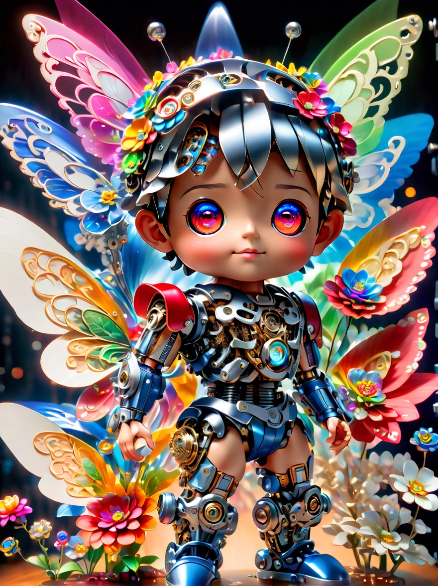  (three-dimensional，Mechanical feel，cute，boy，Mechanical doll, Pinocchio: 1.3), Colorful neon lights, High-tech mechanical parts, Metal body, Detailed vibranium flower design, bright colors, Dynamic glowing flowers, Reflective metal surface, bright environment, dynamic poses, Exquisite presence, skill improved, interlocking mechanical gears, Stylish design, motion blur effect, Detailed metal processing, Sci-fi atmosphere, Streamlined aerodynamic shape, Laser scanning pattern, Holographic projection, LED light track, beautiful and unforgettable, Advanced sensors, complex algorithm, Ominous and mysterious atmosphere, electric spark, Shiny chrome plating, Propulsion systems of the future, BJ_Gundam, (best quality, 8k, high resolution, masterpiece: 1.2), Super detailed, (whole body:1.8)