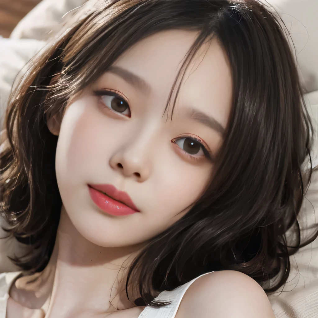 best image quality、RAW photo、超A high resolution、close up of face、8 year old pretty girl、Shooting for one person only、small breasts、beautiful clavicle、Tank top、gentle eyes、Beautiful eyes in every detail、very long term、beautiful eyelashes、beautiful double eyelids、thick and dark eyebrows、sleeping on my back in a big bed、random colored hair、Curly Short Bob、dark, thick, thick eyebrows、plump cheeks、smile、lightweight、Tourism Eyebrows、droopy eyes、amazing curly hair、small lips、no makeup、Quiet Girl、black eye、natural perm