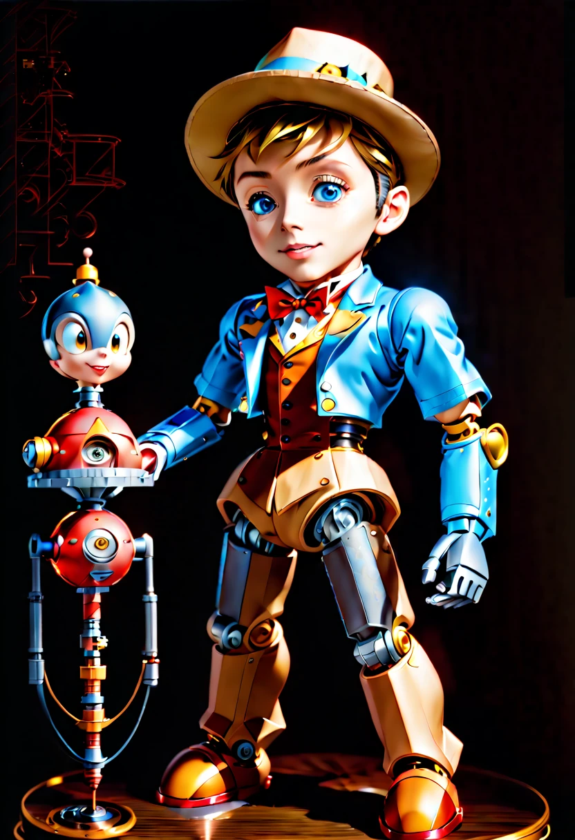 (three-dimensional，Mechanical feel，cute，boy，Mechanical doll, Pinocchio: 1.3), Colorful neon lights, High-tech mechanical parts, Metal body, Detailed vibranium flower design, bright colors, Dynamic glowing flowers, Reflective metal surface, bright environment, dynamic poses, Exquisite presence, skill improved, interlocking mechanical gears, Stylish design, motion blur effect, Detailed metal processing, Sci-fi atmosphere, Streamlined aerodynamic shape, Laser scanning pattern, Holographic projection, LED light track, beautiful and unforgettable, Advanced sensors, complex algorithm, Ominous and mysterious atmosphere, electric spark, Shiny chrome plating, Propulsion systems of the future, BJ_Gundam, (best quality, 8k, high resolution, masterpiece: 1.2), Super detailed, (whole body:1.8)