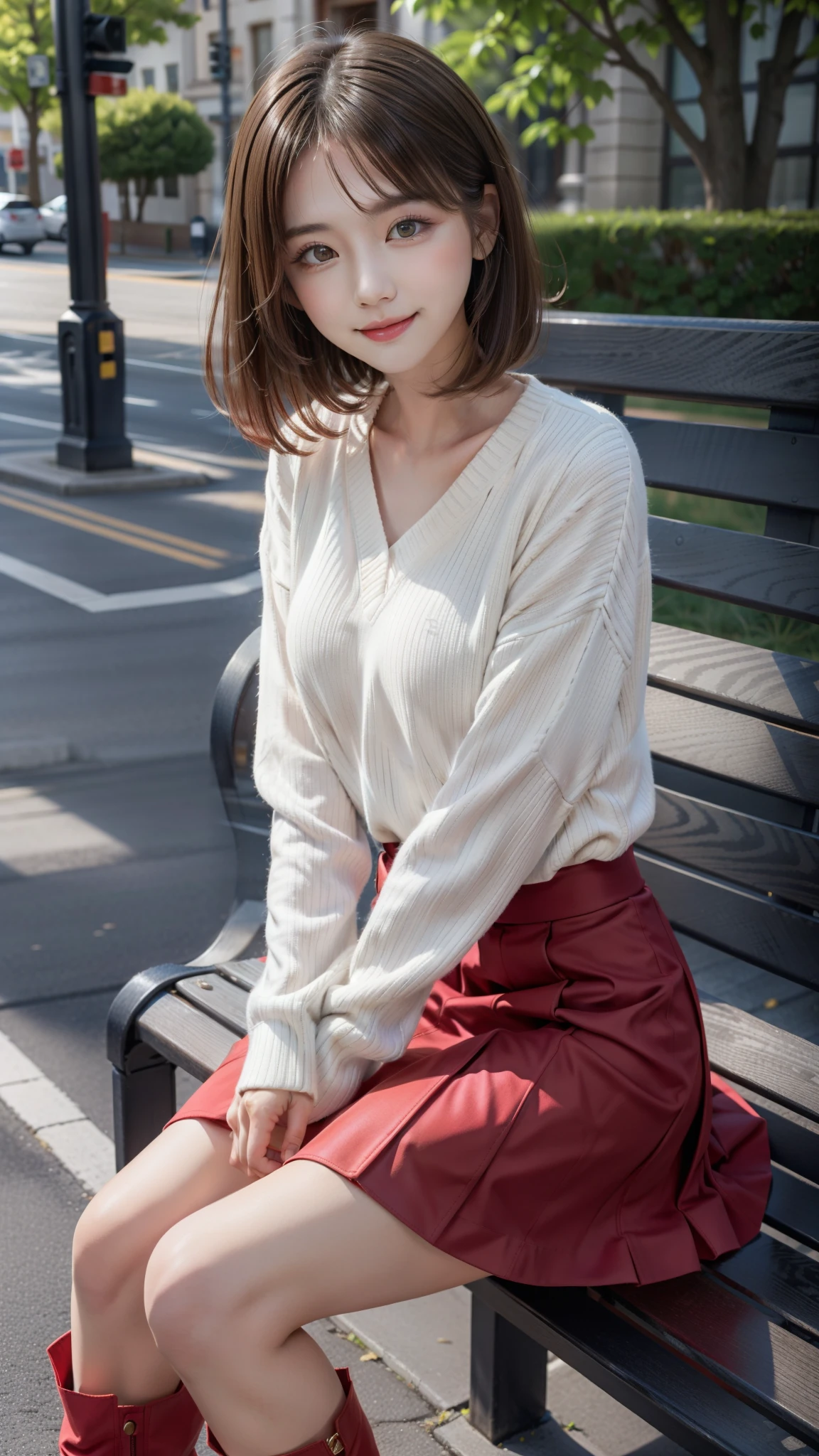 Photo taken by a professional photographer,laughter:1.5, wearing a sweater, short cut brown hair, young and cute girl, Wearing a flared skirt,Wear stylish boots,sit on a park bench:1.5,Flashy makeup with red eyeshadow,