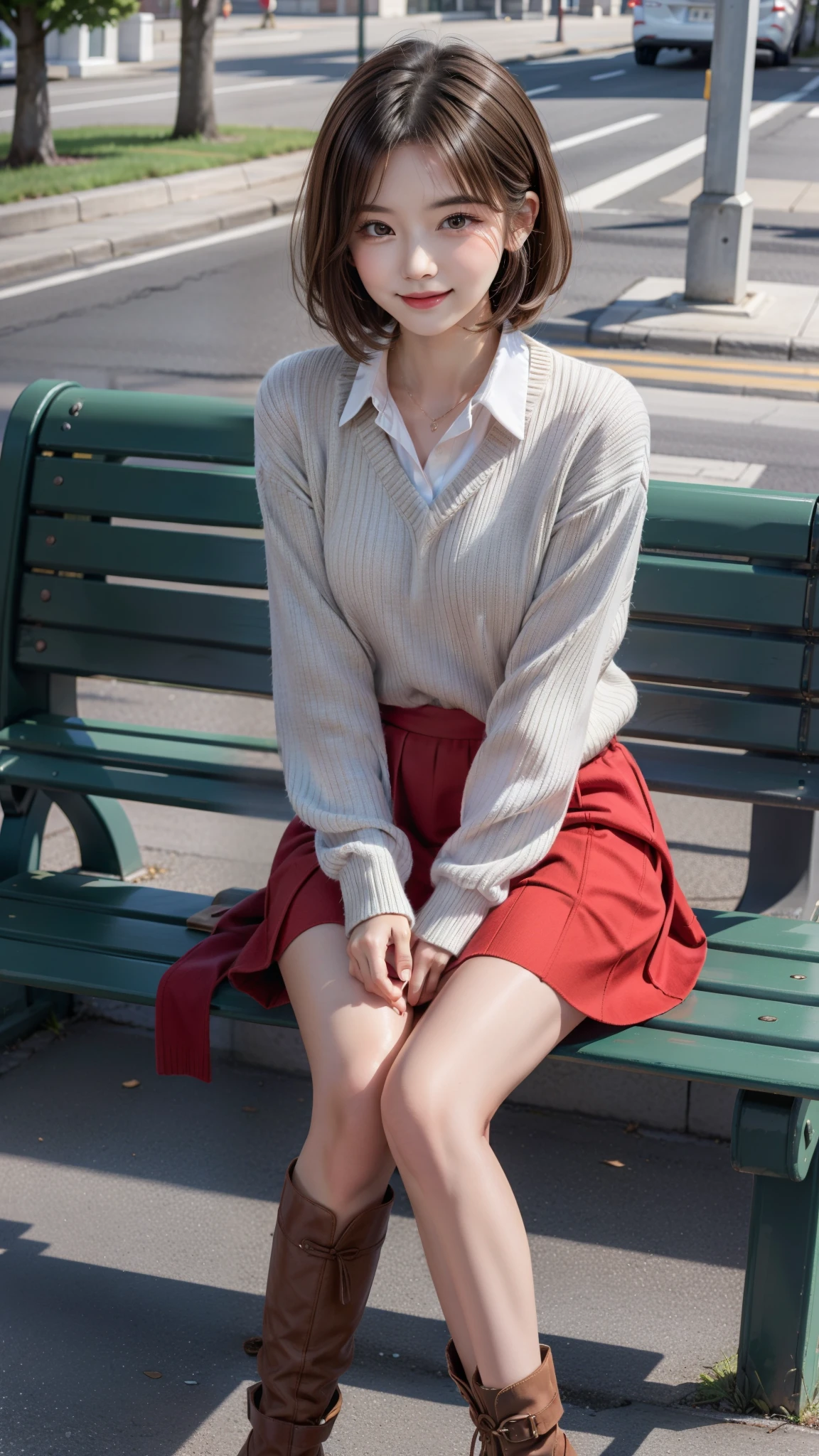Photo taken by a professional photographer,laughter:1.5, wearing a sweater, short cut brown hair, young and cute girl, Wearing a flared skirt,Wear stylish boots,sit on a park bench:1.5,Flashy makeup with red eyeshadow,