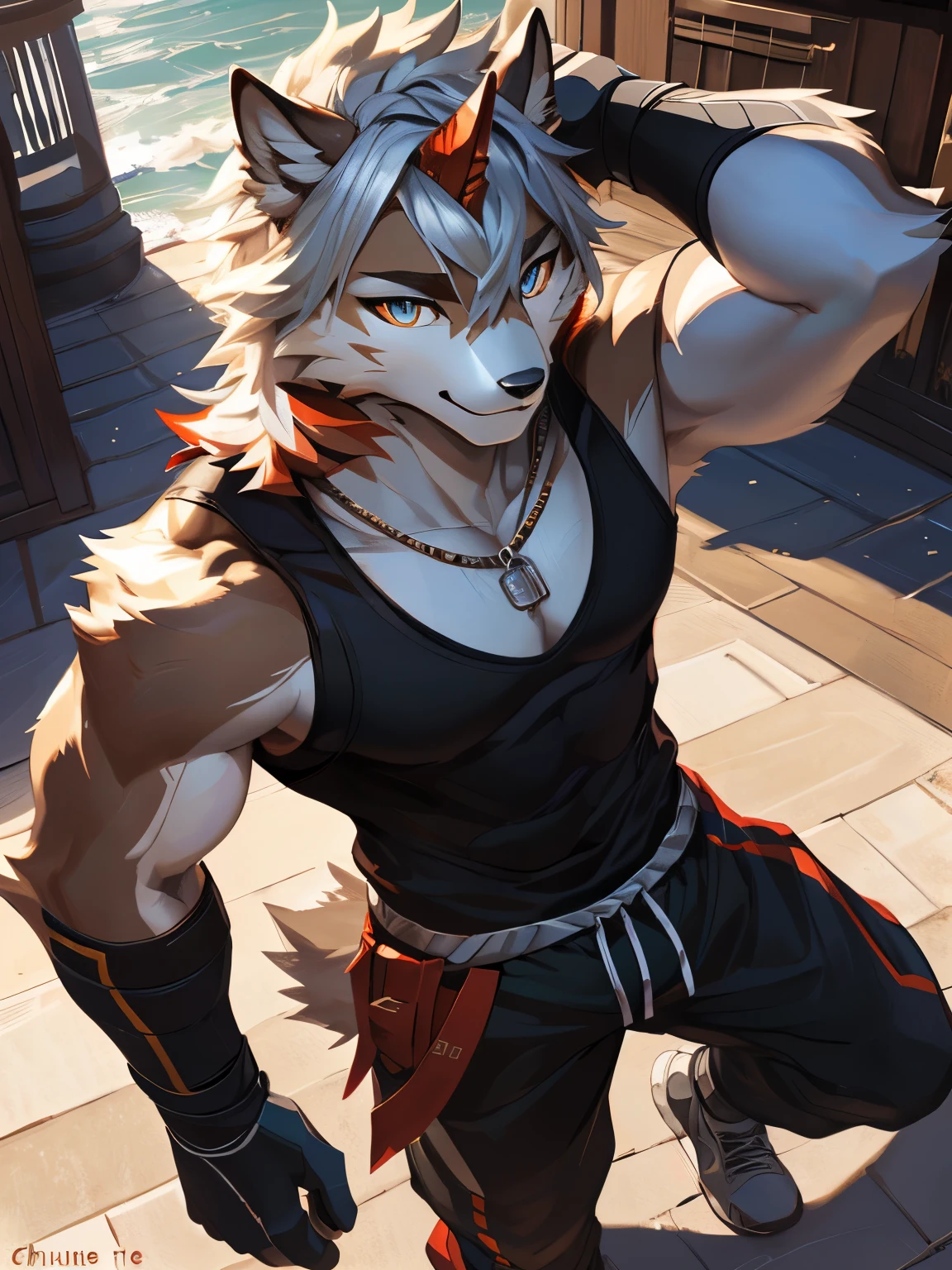 4k, ,8K, A high resolution, best quality, perfect colors, perfect shadows, perfect lighting, posted on e621, (by Chunie, by canyne khai, by t.y.starale), male, furry, Wolf anthro, hung (/arknights/), solo, eyes, (Realistic eye details 1.2), beach, wearing tank top, wearing jogger sweatpants, Full body like, Slim body, abs, dramatic lighting, soft lighting, day, highly detail, Hair coiled, delight, Standing up position, cool pose charm, Abstract beauty, centre, Looking at the camera, Facing the camera, nearing perfection, Dynamic, highly detailed, illustration, (Realistic background), ((Bonifasko lighting)), (Detailed eyes), perfect pupils, detail eyes, detail fluffy fur, (seductive face:1.2), fit body, Looking at the camera,, fit body, perfect male figure, Detailed fur, Detailed face, Perfect face, Detailed background, (Complex), (Super Detail), (Ultra Clear), (Best Quality)