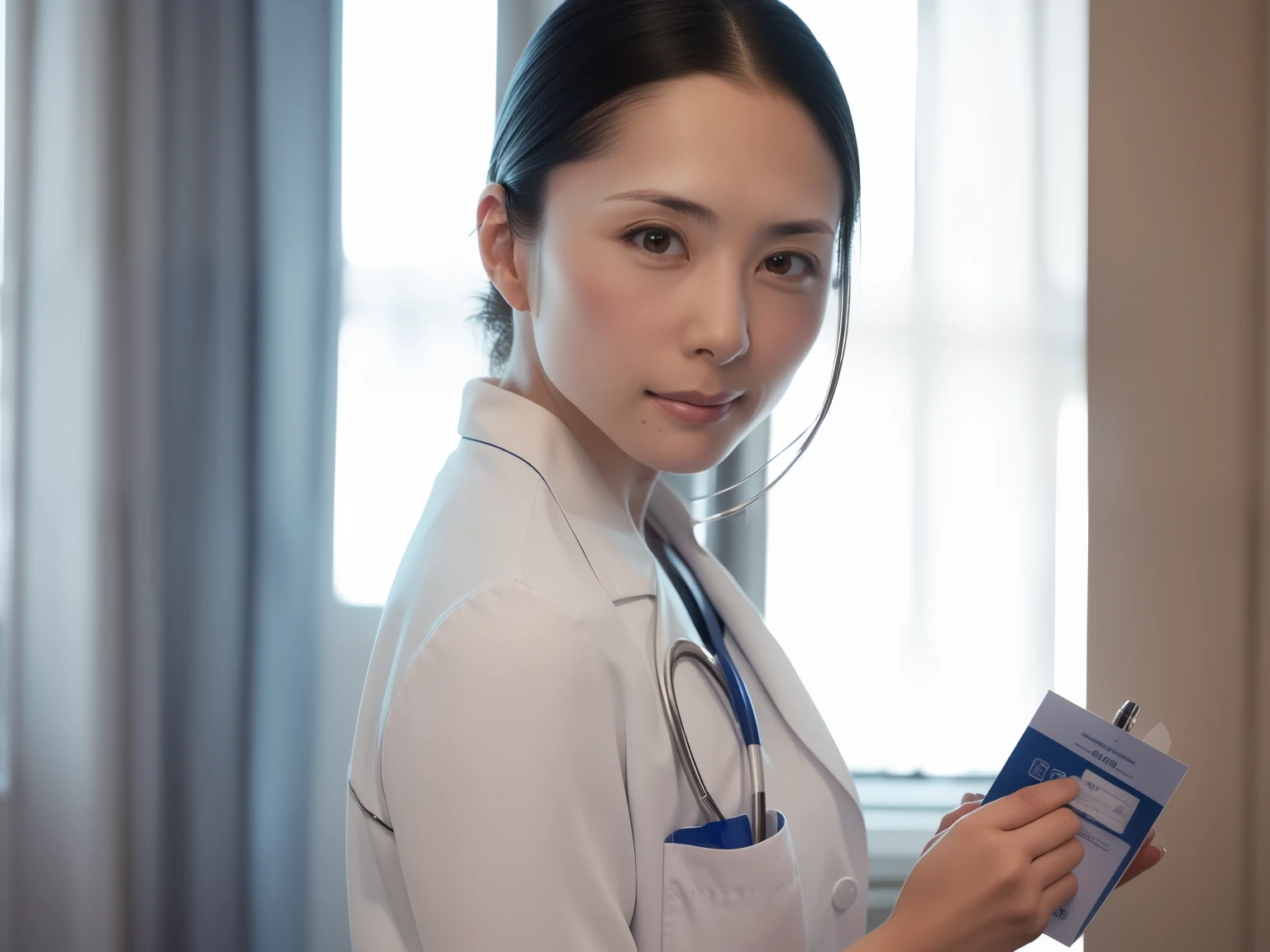(RAW photo, highest quality),masterpiece, Natural light, 1 girl, smooth hair、wear a lab coat over a scrub, Hospital examination room, Stethoscope,face close-up