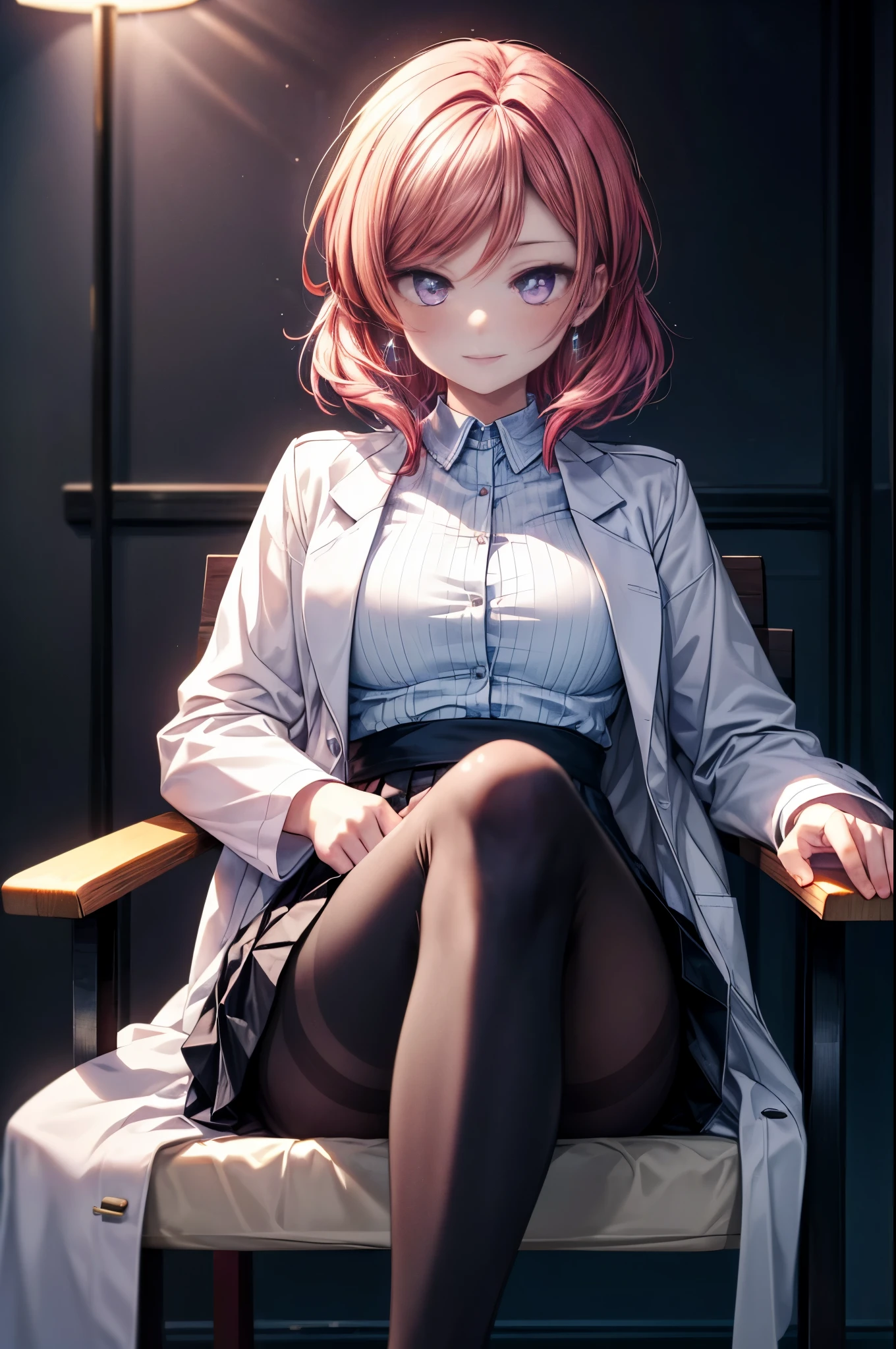 Maki Nishikino, maki nishikino, short hair, bangs, Red hair, (purple eyes:1.5), smile,(Photorealistic beautiful doctor sitting on chair with legs crossed)、amazingly beautiful、((doctor&#39;s white coat)), collared shirt、doctor style)), ,(( silk blouse、black tight skirt、 black pantyhose)),hospital, 
break indoors, Examination room,
break looking at viewer,
break (masterpiece:1.2), highest quality, High resolution, unity 8k wallpaper, (figure:0.8), (detailed and beautiful eyes:1.6), highly detailed face, perfect lighting, Very detailed CG, (perfect hands, perfect anatomy),