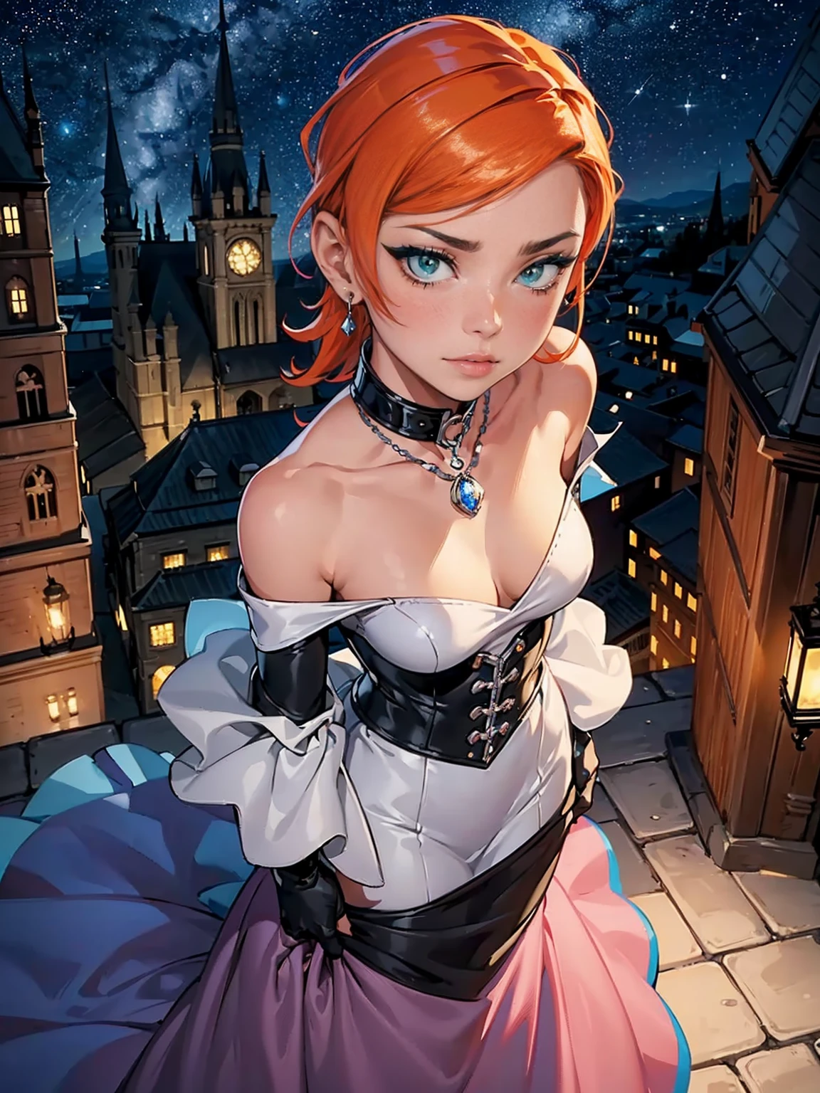((gwendolyn_tennyson, smug, shaved side hair, orange hair, medium breasts, wide hips, malicious)), smug, ((pink lipstick, Extremely detailed, ambient soft lighting, 4k, perfect eyes, a perfect face, perfect lighting, a 1girl)) , (extremely detailed beautiful face), ( (( (blush, high collar, off-the-shoulder, sleeveless), ((lascivious look, lascivious)), (silver dress, stunning dress, evening dress, (flowing dress)), silver elbow gloves, necklace, upper body, (from above:1.3), standing on a tower, cityscape in the background with church, (starry night), crescent moon)), earrings, jewelry), (((fitness))) 1girl, solo, standing