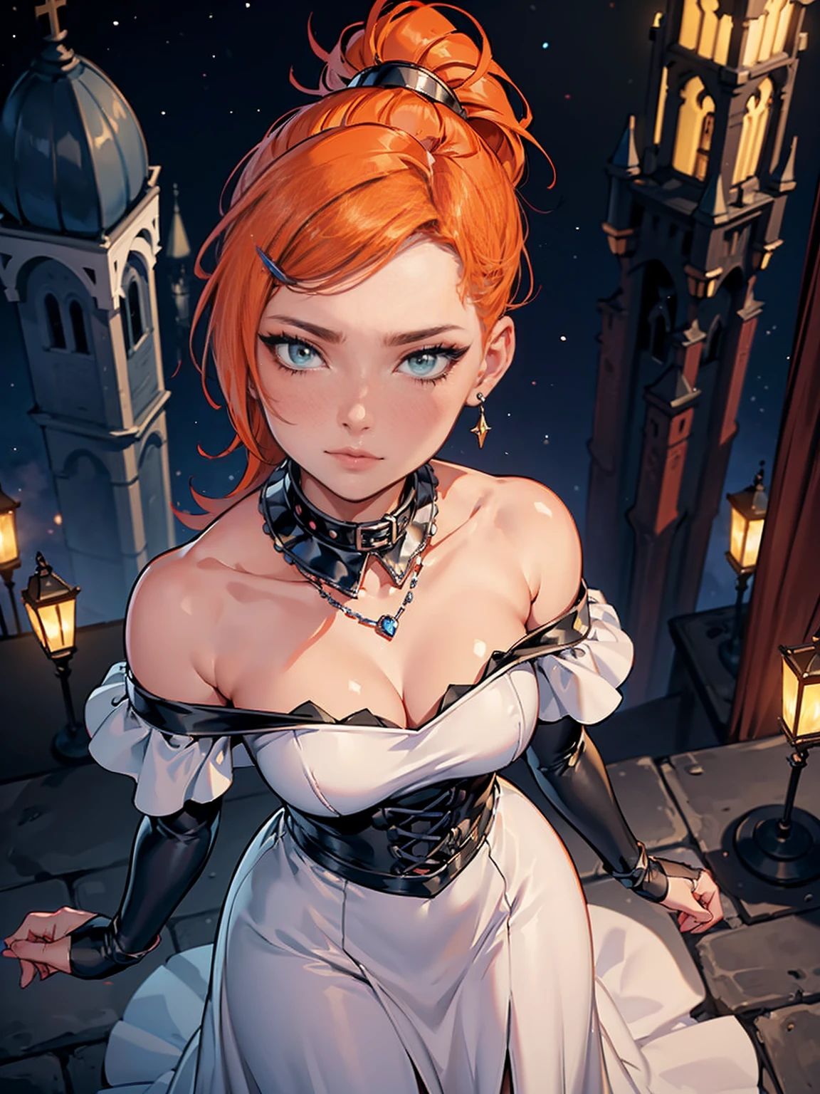 ((gwendolyn_tennyson, smug, shaved side hair, orange hair, medium breasts, wide hips, malicious)), smug, ((pink lipstick, Extremely detailed, ambient soft lighting, 4k, perfect eyes, a perfect face, perfect lighting, a 1girl)) , (extremely detailed beautiful face), ( (( (blush, high collar, off-the-shoulder, sleeveless), ((lascivious look, lascivious)), (silver dress, stunning dress, evening dress, (flowing dress)), silver elbow gloves, necklace, upper body, (from above:1.3), standing on a tower, cityscape in the background with church, (starry night), crescent moon)), earrings, jewelry), (((fitness))) 1girl, solo, standing