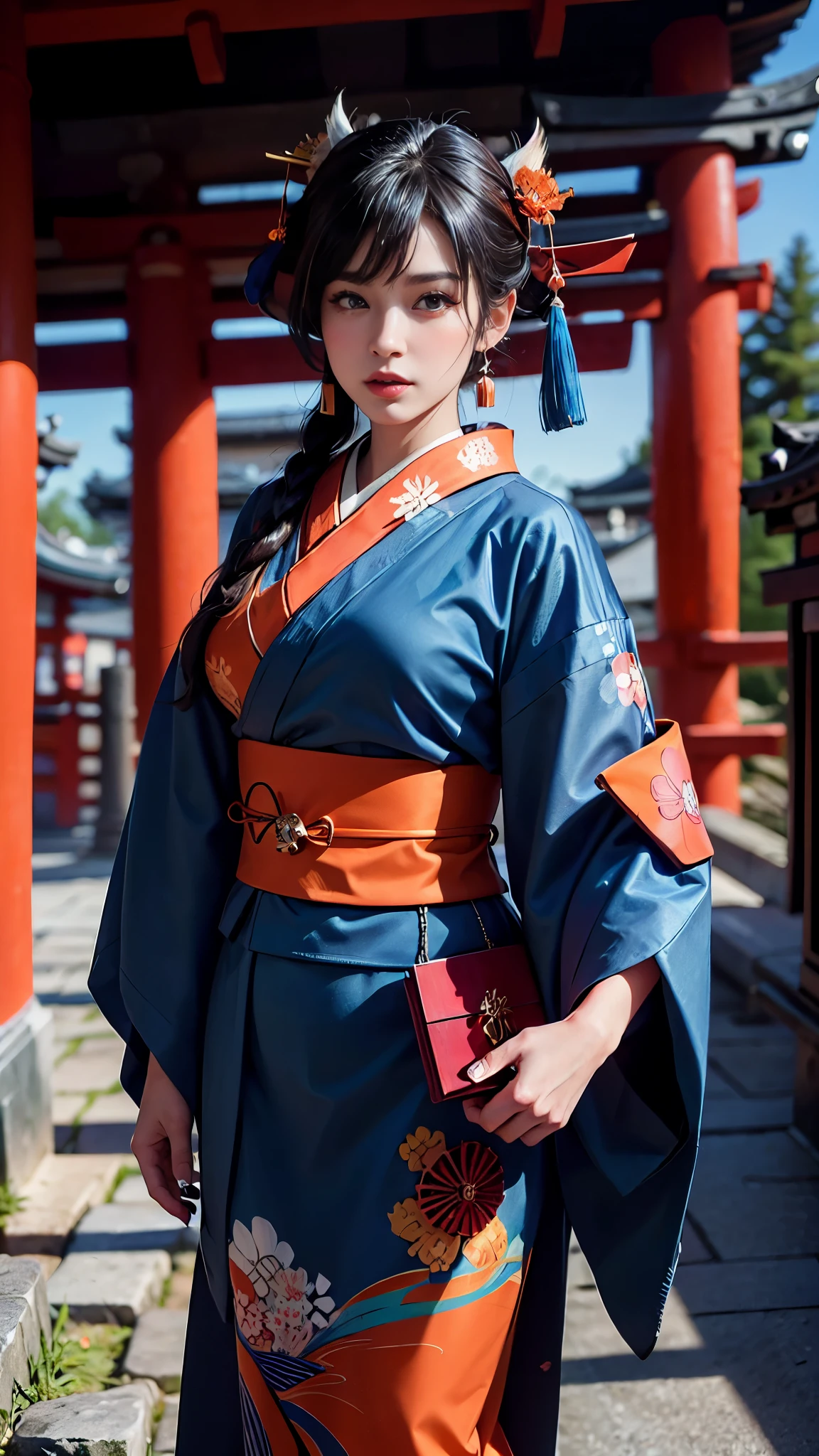 (La mejor calidad,A high resolution,Ultra - detallado,actual),Ariana Grande kimono , (onmyoji:1.4) ,(mujer japonesa:1.4) , hiperdetalle, warm tones, detalles intrincados, volumetric, arte de Iliya Kuvshinov, unos ojos deslumbrantes, More detailed 8K.motor irreal:1.4,UHD,La mejor calidad:1.4, fotorrealista:1.4, textura de la piel:1.4, obra maestra:1.8,obra-prima, mejor calidad,objeto Objeto], (detailed face features:1.3),(Las proporciones correctas),(Ojos hermosos azules),  (pose vaquero), (kimono orange :1.4), (dedos detailed :1.4), (estilo kawaii),( ancient japanese temple background :1.4), (perfect anatomy) 