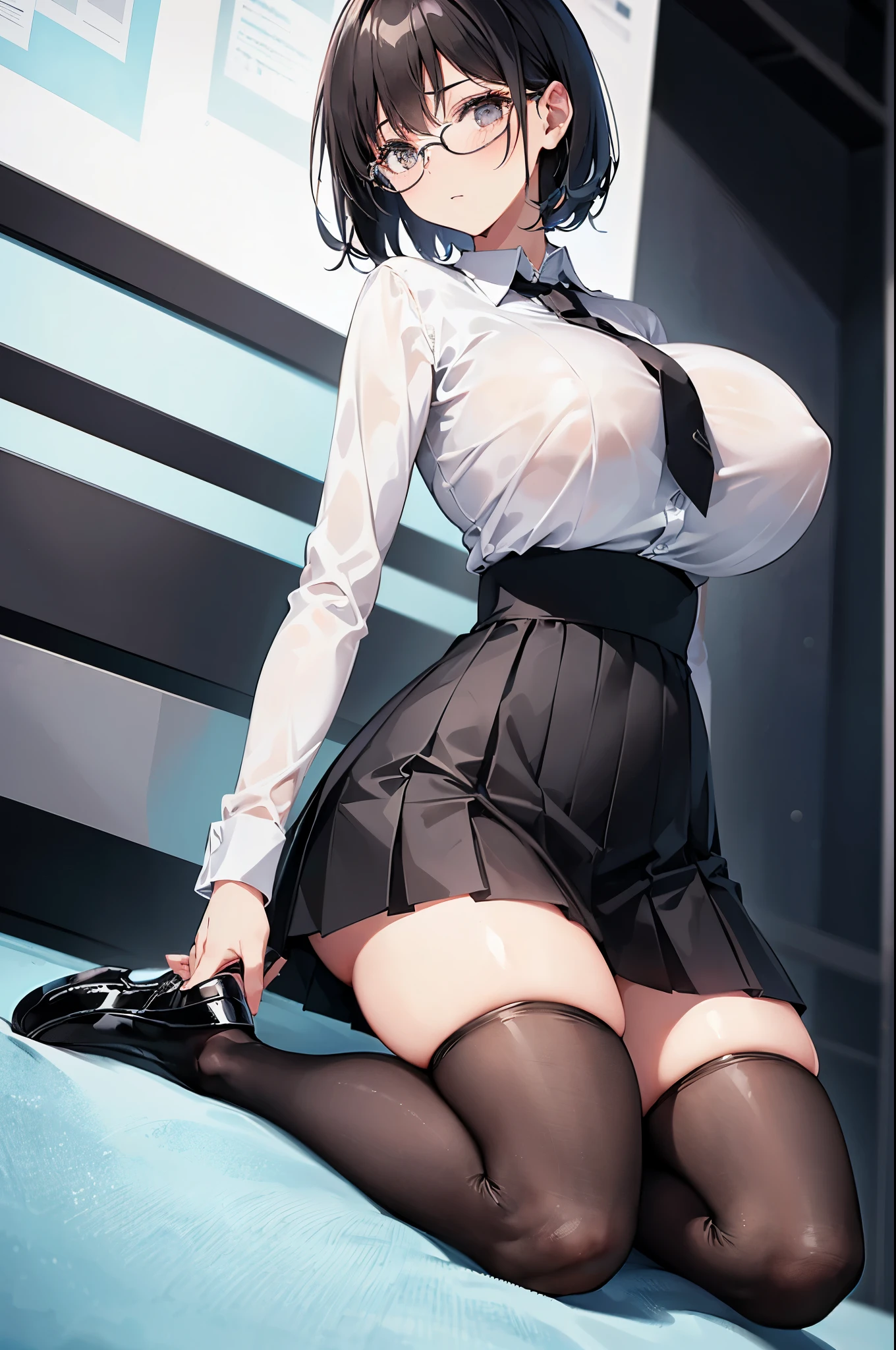 1 girl, glasses, (full body:1.2), sitting, (angle from below:1.1), (angle from the side:1.1), blush, (slim body:1.2), (huge breasts:1.5), (slender and long legs:1.2), black hair, short hair, white long sleeve shirt, pleated skirt, (black tights:1.1), black loafers,