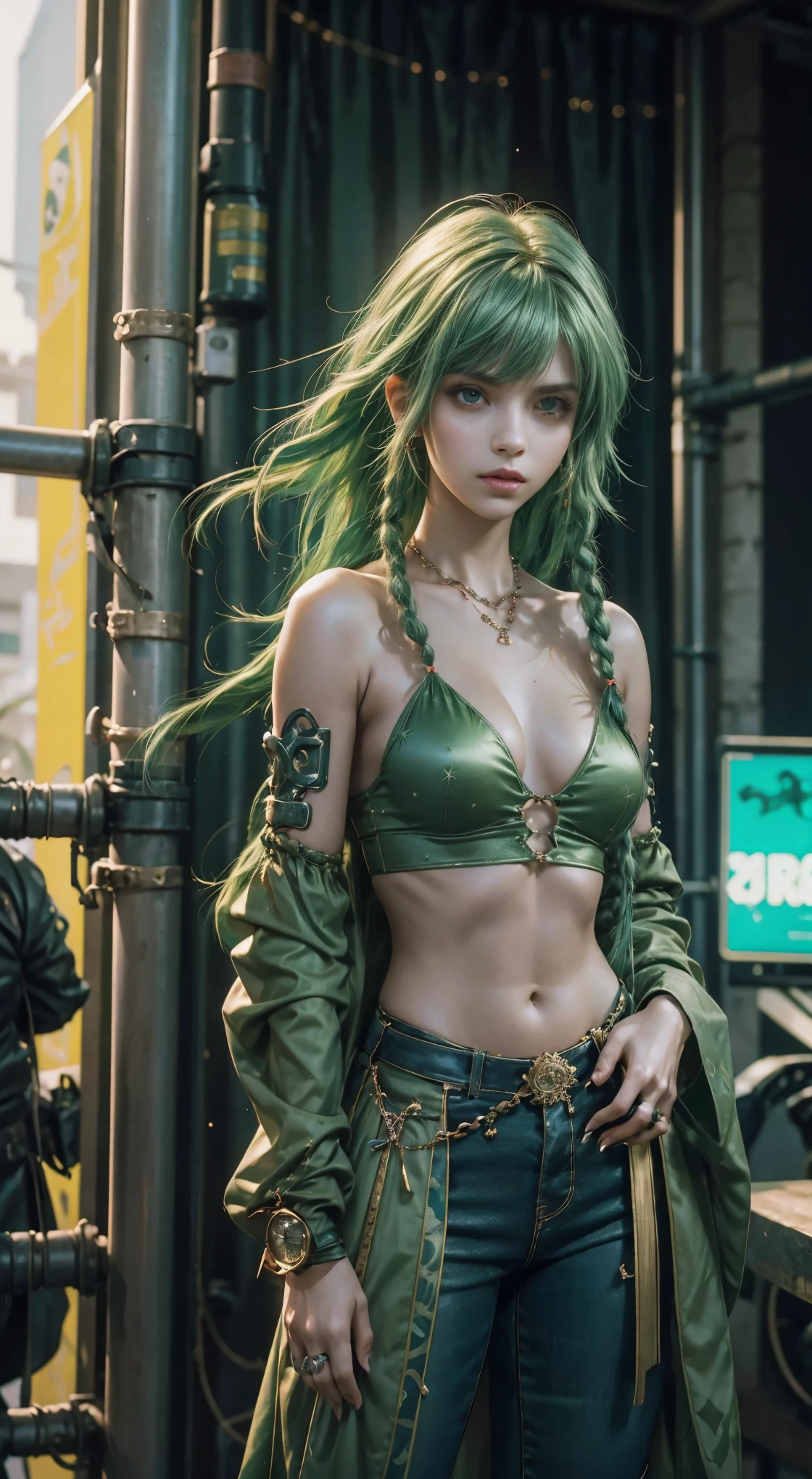 uma mulher com cabelo verde, mulher cyberpunk mulher anime, pants, Deusa cyberpunk raivosa bonita, estilo de arte cyberpunk, arte digital de anime cyberpunk, arte de anime cyberpunk, Arcane, Retrato, arte de anime cyberpunk, arte com tema cyberpunk, cyberpunk fantasia sombria, estilo arcano, 1 garota, asymmetrical bangs, faixa, cabelo verde, Green braids, camisa marrom, tatuagem de estrelas, lateralmente, cabelo verde, cabelo longo, olhos cor de rosa, Red lips, Standing, Twin braids. Garota de arcano. Garota de cabelo verde, garota de Twin braids, uma garota em um lugar em chamas, fagulha, esferas de luz, Movie poster, Arcane\(Liga das Lendas\, 1 garota, asymmetrical bangs, faixa, cabelo verde, Green braids, camisa marrom, estrelas, lateralmente, cabelo verde,  com Twin braids e cor verde 