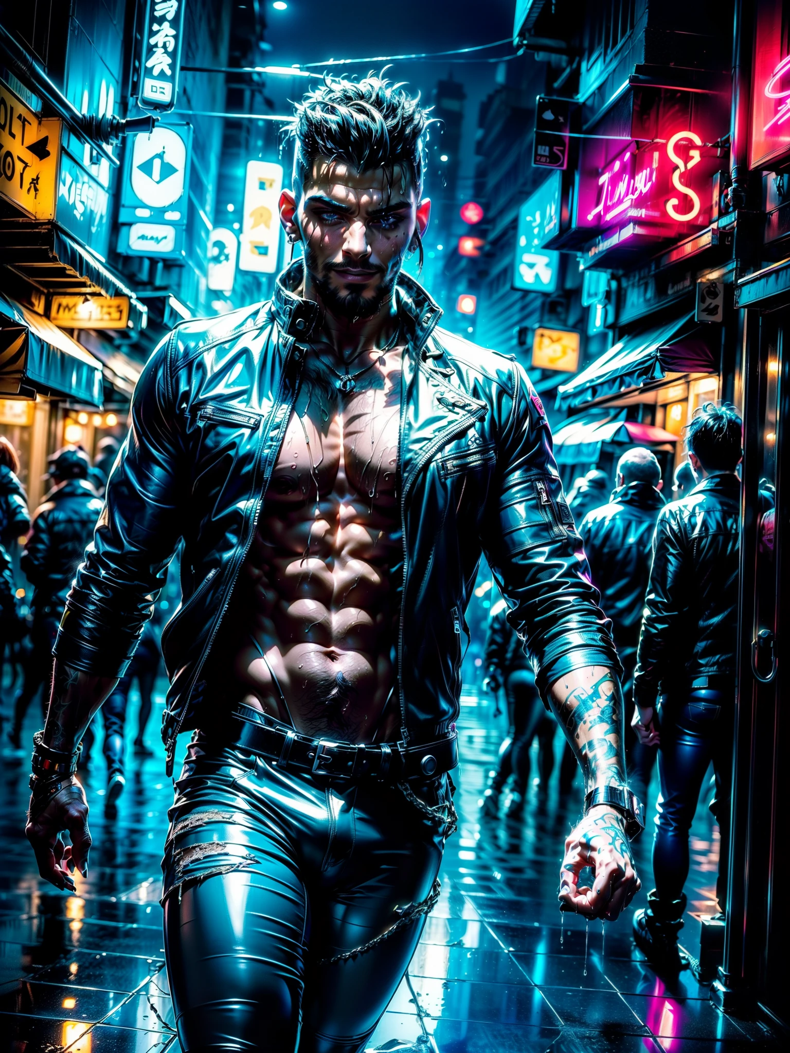 (Masterpiece, Best quality, high resolution, 32k unit wallpaper, Extremely detailed CG:1), (highly detailed and perfect illustration:1.0), ((4 young beautiful friends by cyberpunk, dynamic pose having fun and smiling, making jokes, resting on a wall with one leg perched on the wall:1.5, head leaning forward lighting a cigarette:1.4, illuminated by the cigarette light on her face)),((cyberpunk clothing, top, leather pants with decorations :1.2 and bright and colorful colors, cyberpunk night city)), neon signs, futuristic cars, dark place, intense rain, ((wet clothes, magenta neon lights perfectly illuminating the young man:1.45).
