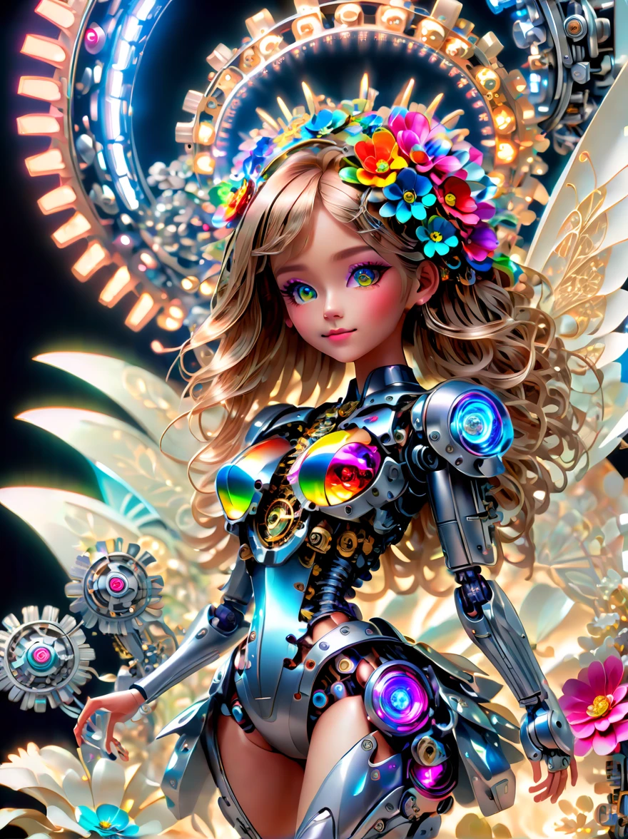  (three-dimensional，Mechanical feel，cute，boy，Mechanical doll, Pinocchio: 1.3), Colorful neon lights, High-tech mechanical parts, Metal body, Detailed vibranium flower design, bright colors, Dynamic glowing flowers, Reflective metal surface, bright environment, dynamic poses, Exquisite presence, skill improved, interlocking mechanical gears, Stylish design, motion blur effect, Detailed metal processing, Sci-fi atmosphere, Streamlined aerodynamic shape, Laser scanning pattern, Holographic projection, LED light track, beautiful and unforgettable, Advanced sensors, complex algorithm, Ominous and mysterious atmosphere, electric spark, Shiny chrome plating, Propulsion systems of the future, BJ_Gundam, (best quality, 8k, high resolution, masterpiece: 1.2), Super detailed, (whole body:1.8)