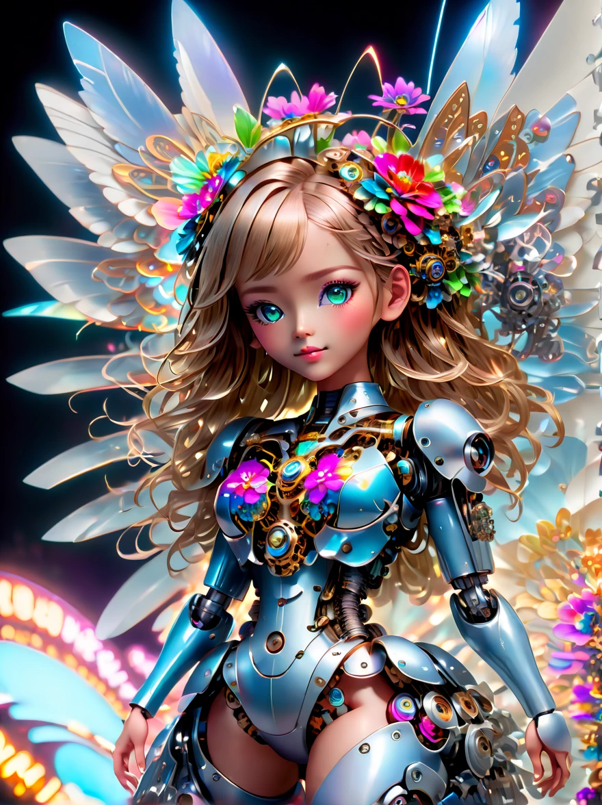  (three-dimensional，Mechanical feel，cute，girl，Mechanical doll: 1.3), Colorful neon lights, High-tech mechanical parts, Metal body, Detailed vibranium flower design, bright colors, Dynamic glowing flowers, Reflective metal surface, bright environment, dynamic poses, Exquisite presence, skill improved, interlocking mechanical gears, Stylish design, motion blur effect, Detailed metal processing, Sci-fi atmosphere, Streamlined aerodynamic shape, Laser scanning pattern, Holographic projection, LED light track, beautiful and unforgettable, Advanced sensors, complex algorithm, Ominous and mysterious atmosphere, electric spark, Shiny chrome plating, Propulsion systems of the future, BJ_Gundam, (best quality, 8k, high resolution, masterpiece: 1.2), Super detailed, (whole body:1.8)