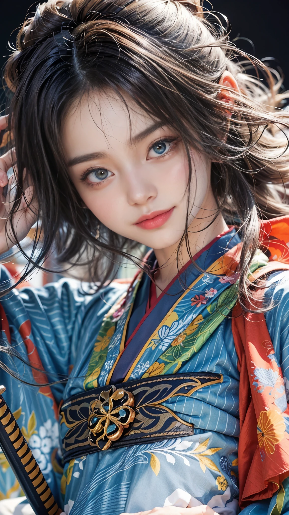 (RAW shooting, Photoreal:1.5, 8k, highest quality, masterpiece, ultra high resolution), Sengoku, perfect dynamic composition:1.2, Mysterious:1.3, Highly detailed skin and facial textures:1.3, Slim female samurai holding a samurai sword in a Jodan stance:1.1, beautiful and aesthetic:1.2, cute and sexy beauty, perfect style, wear elaborate rings, fire, water, Wind, thunder, ice, Fair skin, very beautiful face, (Medium chest, Chest gap), (embarrassing smile, The expression on your face when you feel intense caress, Facial expression when feeling pleasure), (Let&#39;s wear the sexy Sengoku uniform:1.1, off shoulder), (beautiful blue eyes, Eyes that feel beautiful eros:0.8), (Too erotic:0.9, Bewitching:0.9), full body shot, Japanese castle in the background