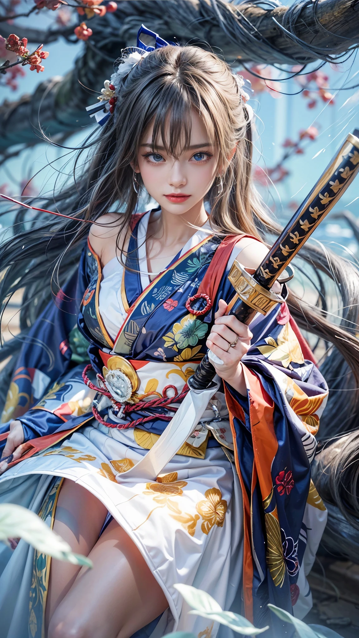 (RAW shooting, Photoreal:1.5, 8k, highest quality, masterpiece, ultra high resolution), Sengoku, perfect dynamic composition:1.2, Mysterious:1.3, Highly detailed skin and facial textures:1.3, Slim female samurai holding a samurai sword in a Jodan stance:1.1, beautiful and aesthetic:1.2, cute and sexy beauty, perfect style, wear elaborate rings, fire, water, Wind, thunder, ice, Fair skin, very beautiful face, (Medium chest, Chest gap), (embarrassing smile, The expression on your face when you feel intense caress, Facial expression when feeling pleasure), (Let&#39;s wear the sexy Sengoku uniform:1.1, off shoulder), (beautiful blue eyes, Eyes that feel beautiful eros:0.8), (Too erotic:0.9, Bewitching:0.9), full body shot, Japanese castle in the background