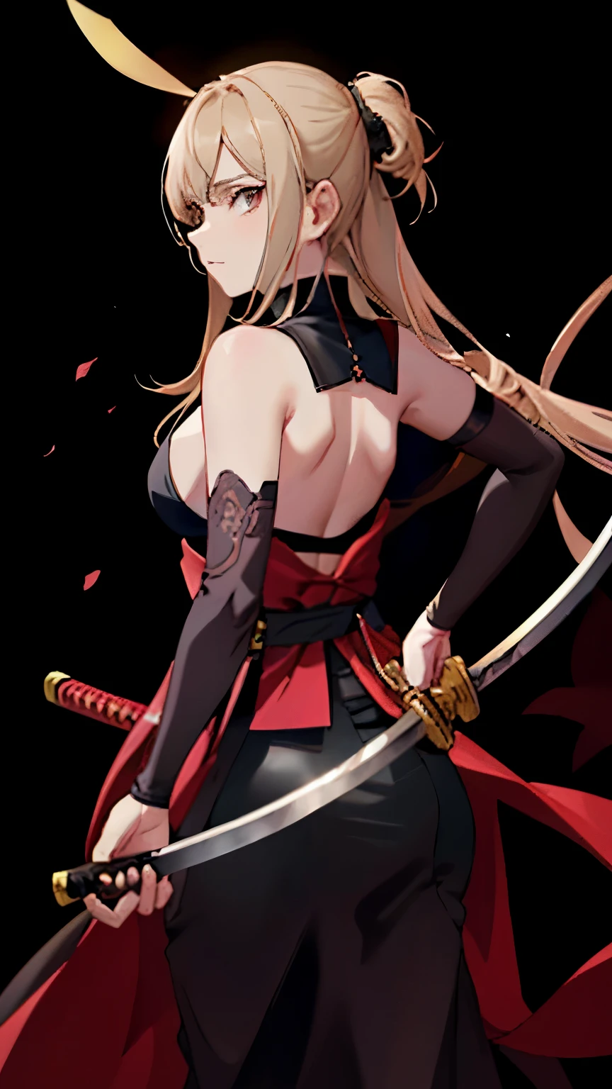 garota anime com cabelo loiro segurando uma espada , badass anime 8 k, melhor papel de parede de anime 4k konachan, she is holding a sword katana,com espada grande, desembainhando sua katana, Demon Slayer art style, she is holding a sword, de costas, standing on his back, costas nuas, pose empoderada, back view, olhos rosa, cabelos loiros, rosto ultra detalhado, duas katanas, hands low and each not holding a katana while her back is turned