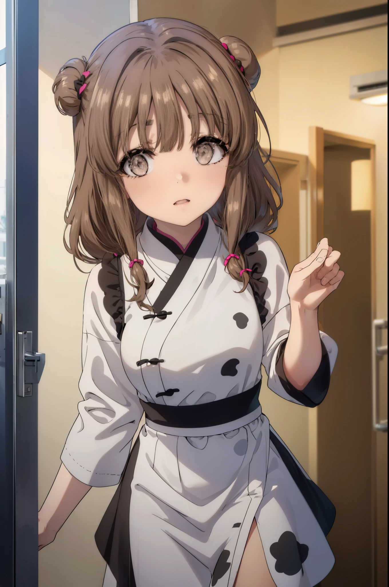 kaedeazusagawa, kaede azusagawa, long hair, bangs, brown hair, (brown eyes:1.5), smile, open your mouth,bun hair,
break animal print, panda print, black dress, china dress, Chinese service, dress, air, hip vent, panda print, side slit, No sleeve, No sleeve dress, thigh strap,
break indoors,
break looking at viewer, (cowboy shot:1.5),
break (masterpiece:1.2), highest quality, High resolution, unity 8k wallpaper, (figure:0.8), (beautiful deしっぽed eyes:1.6), extremely deしっぽed face, perfect lighting, extremely deしっぽed CG, (perfect hands, perfect anatomy),