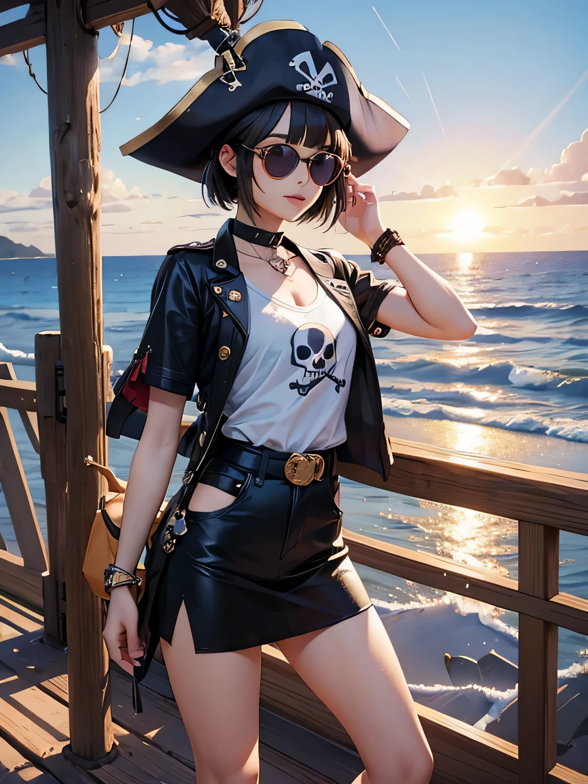 coolest design, cute lovely pirate skull, Suzu Hirose type, sunglasses, Fashionable hats, fashionable clothes, Scheele Kobe, pirate ship, sun, highest quality