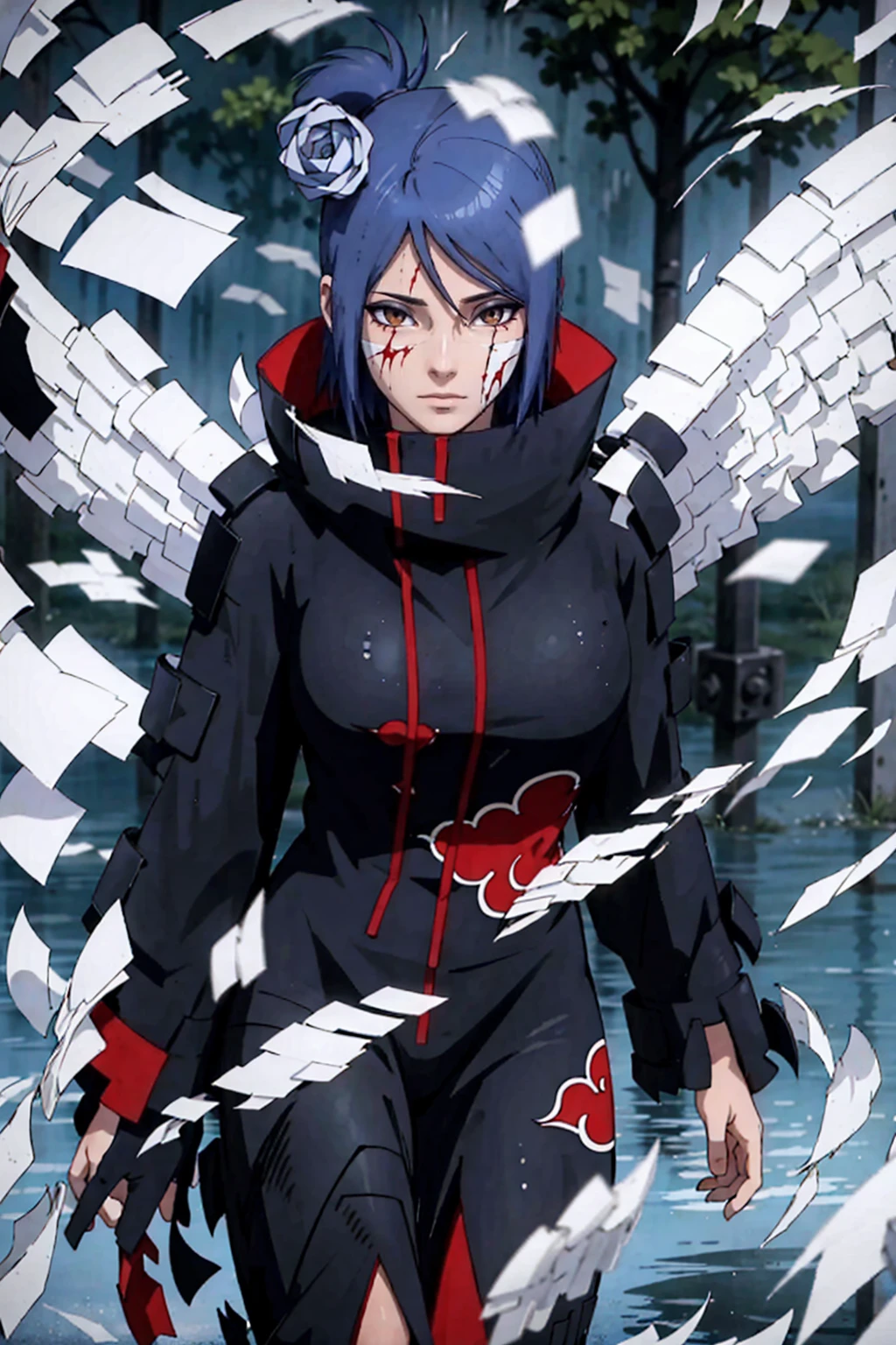 absurdres, (best quality), (masterpiece),(ultra-detailed:1.2),(photorealistic:1.1),(highres),
1girl,(injury:1.1),(blood:1.1),
konan \(naruto\), (akatsuki outfit:1.1), labret piercing, (paper:1.2),
ripples,swirling ,rainbow, angel wings made of paper