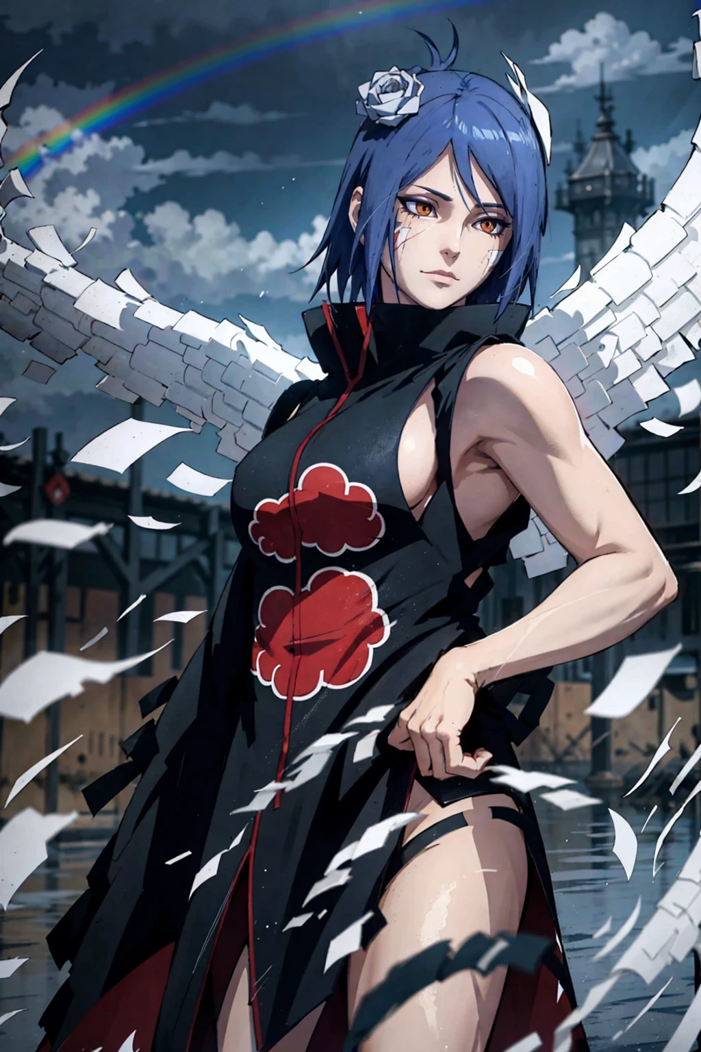 absurdres, (best quality), (masterpiece),(ultra-detailed:1.2),(photorealistic:1.1),(highres),
1girl,(injury:1.1),(blood:1.1),
konan \(naruto\), (akatsuki outfit:1.1), labret piercing, (paper:1.2),
ripples,swirling ,rainbow, angel wings made of paper
